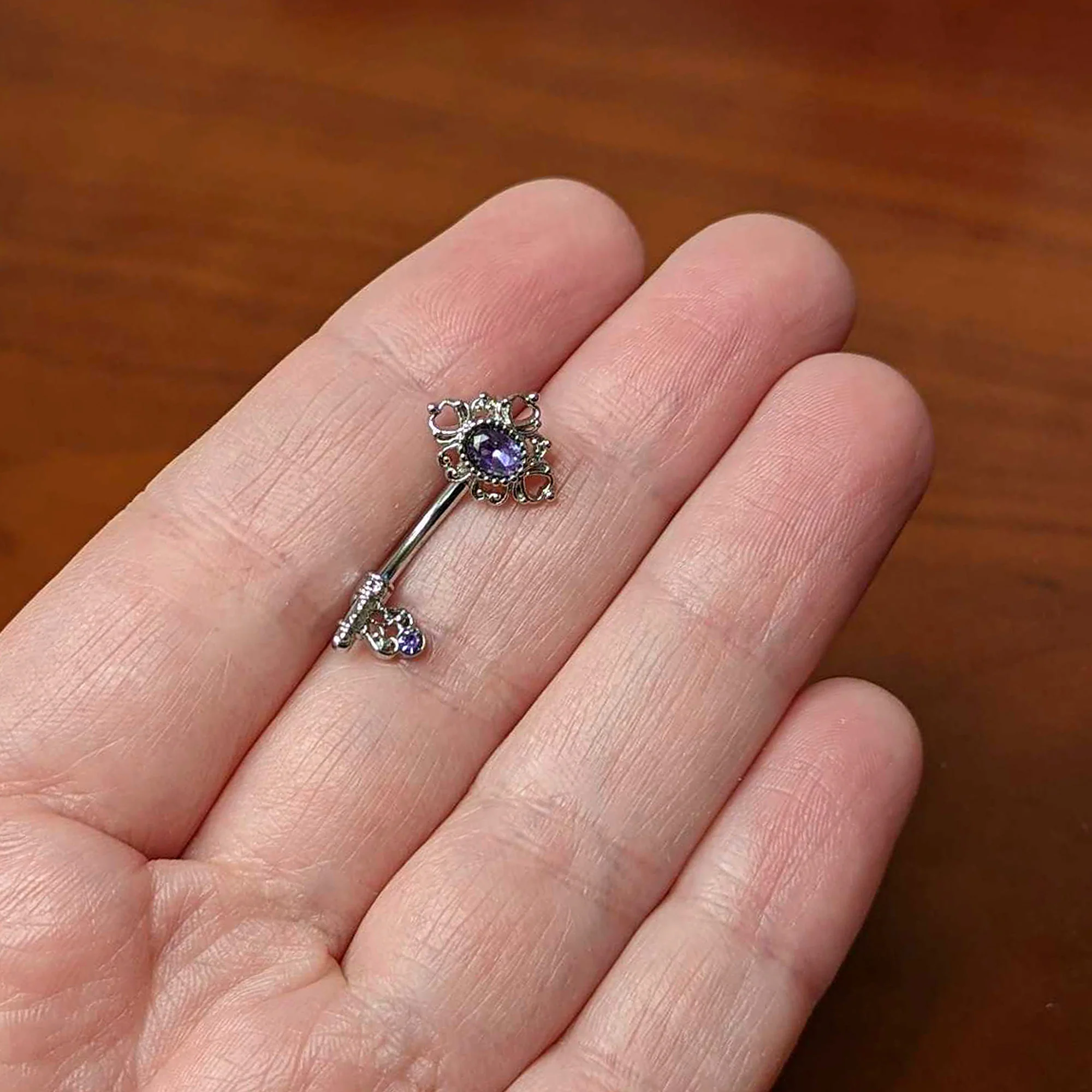 Purple Gem Unlock My Heart Key Valentines Day Double Mount Belly Ring - Image 3