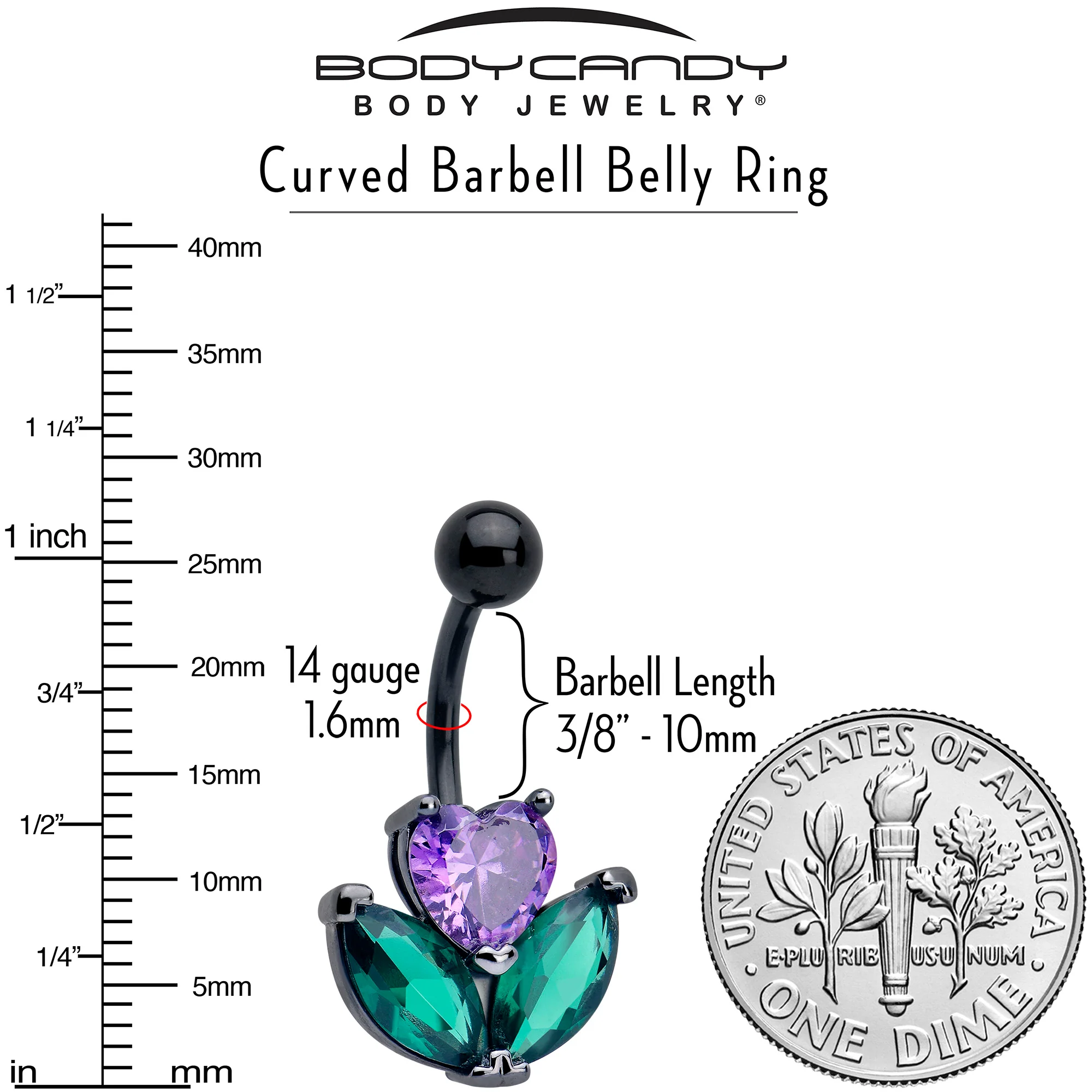 Purple Green CZ Gem Black Love Flower Belly Ring - Image 3