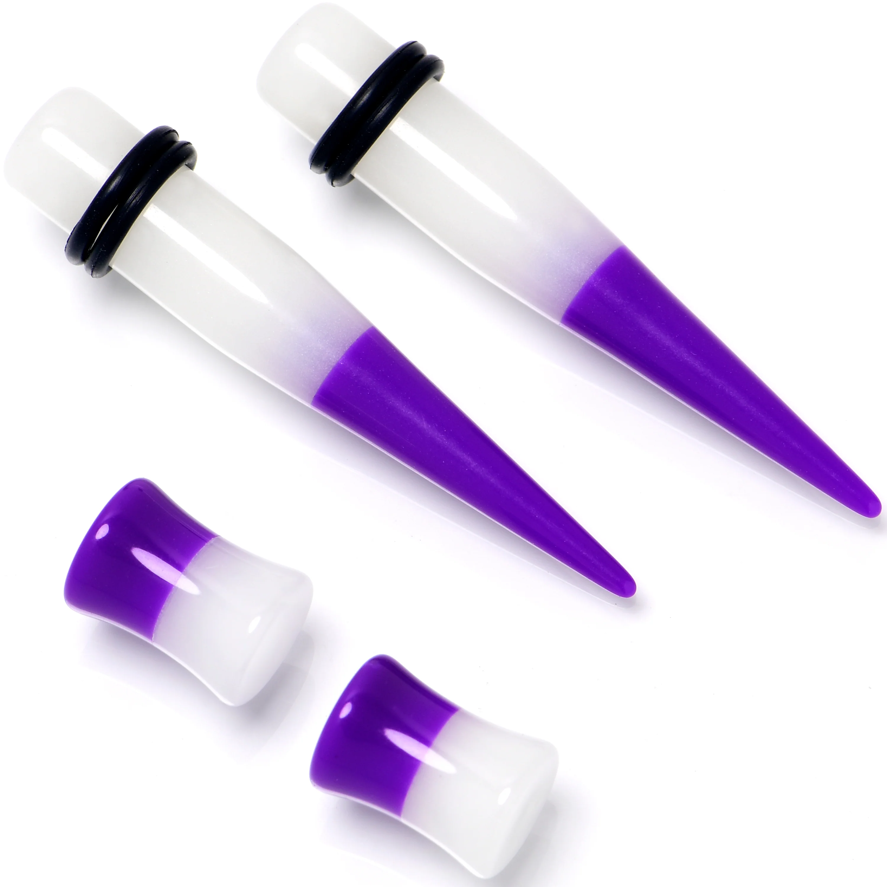 Purple White Acrylic Glow in the Dark Taper Saddle Plug Set 8mm to 16mm Sizes - Image 3