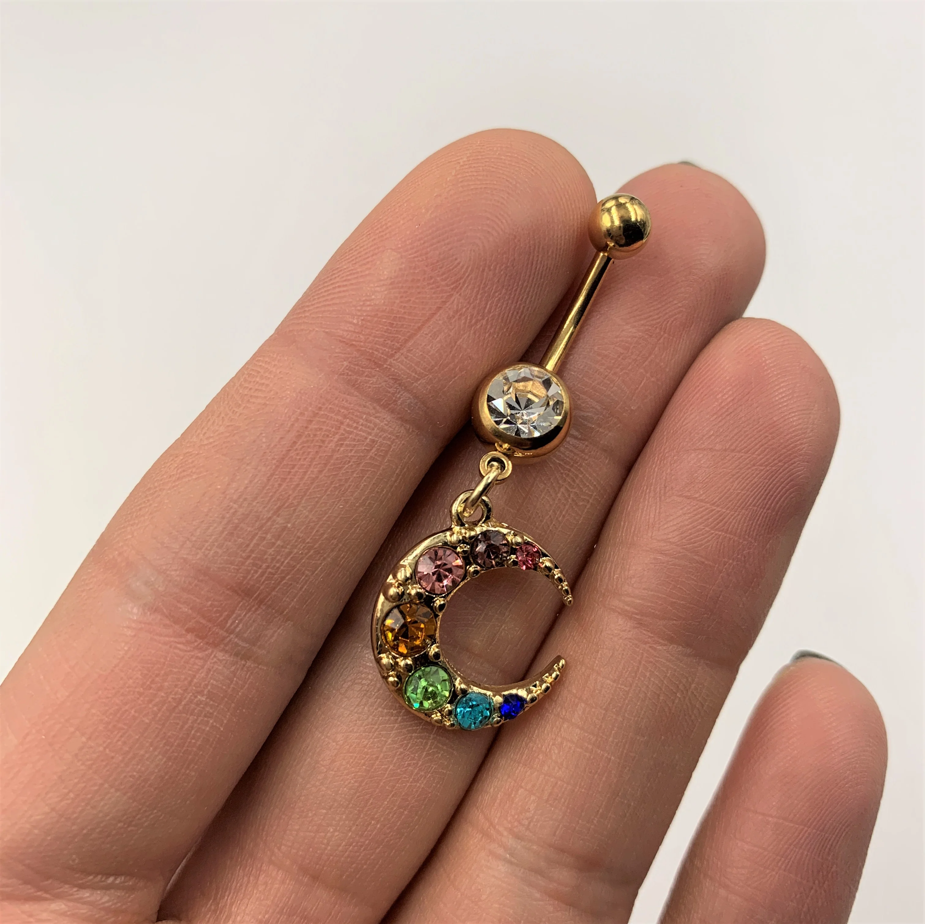 Rainbow Gem Gold Tone Crescent Moon Dangle Belly Ring - Image 2
