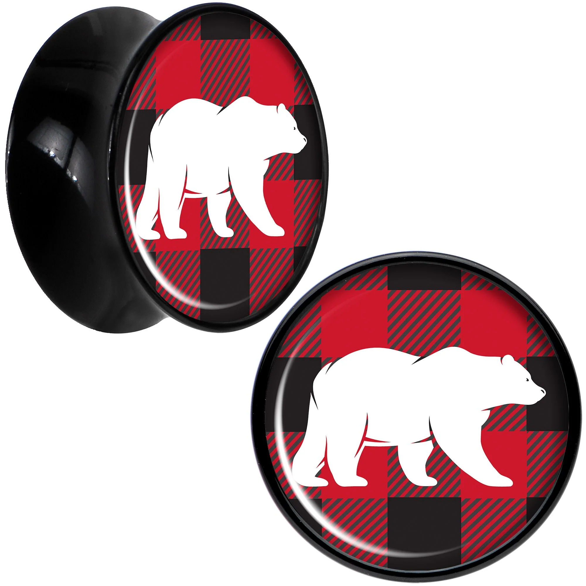 Red Black Plaid Polar Bear Black Acrylic Saddle Plug Set Sizes 5mm to 20mm - Image 7