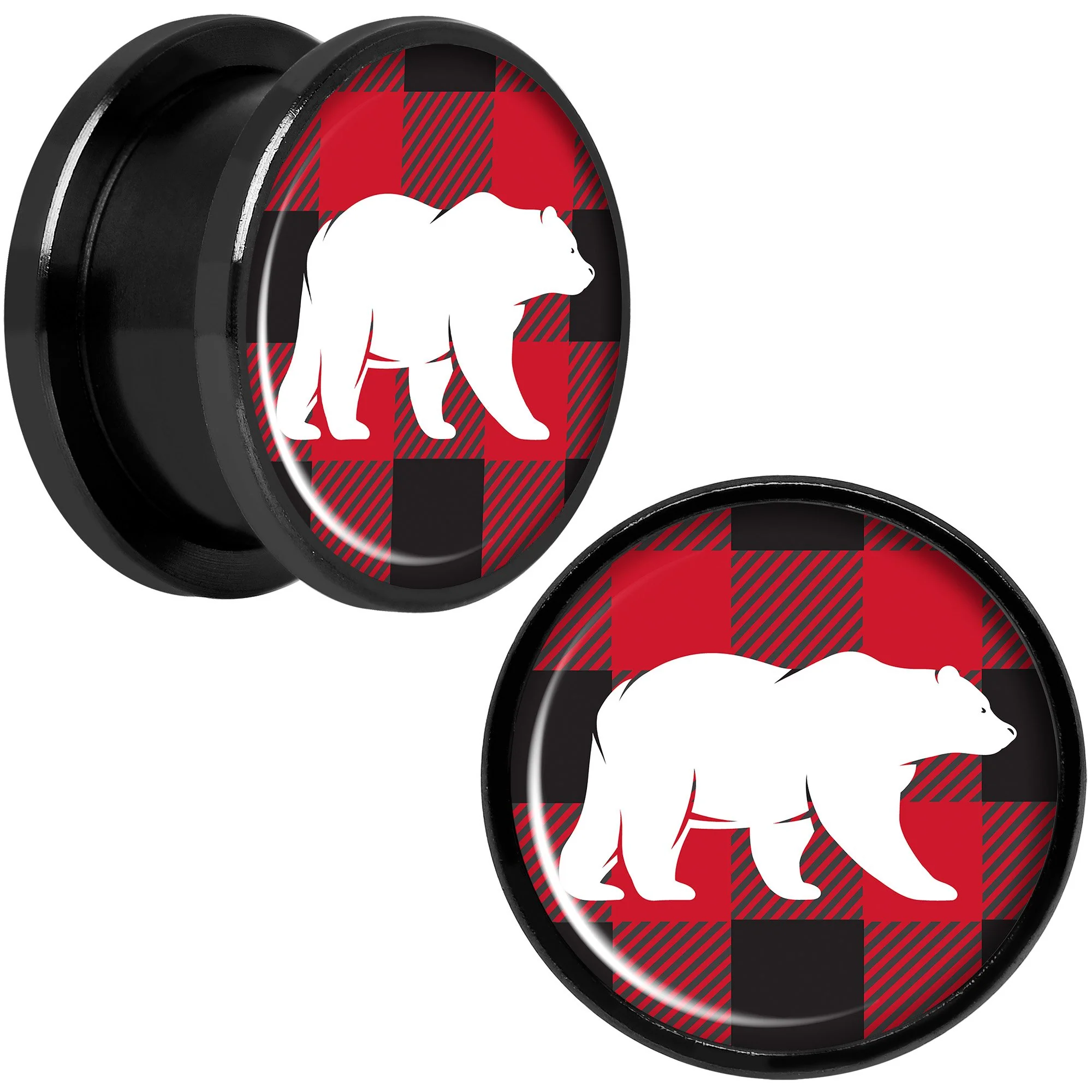 Red Black Plaid Polar Bear Black Screw Fit Plug Set Sizes 5mm to 20mm - Image 7