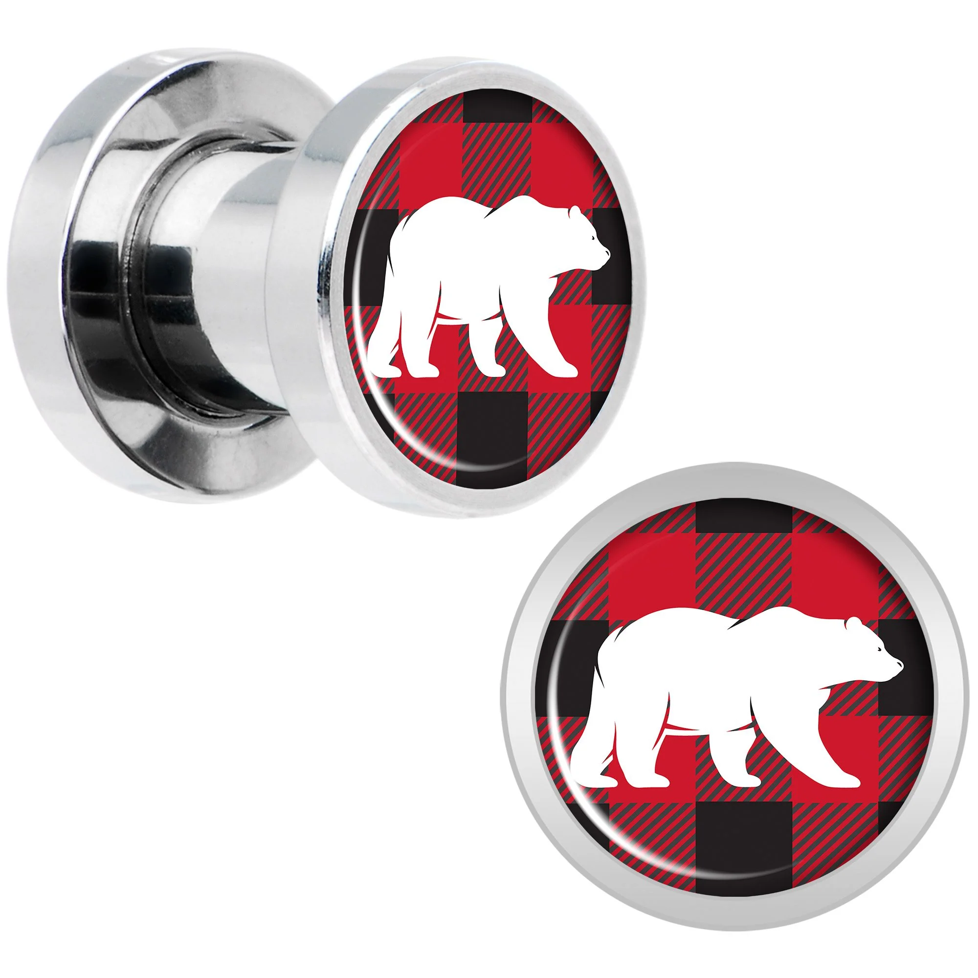Red Black Plaid Polar Bear Screw Fit Plug Set Sizes 5mm to 20mm - Image 3