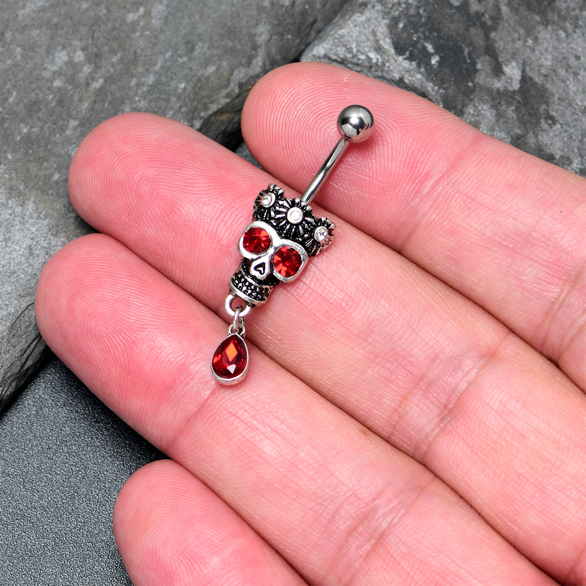 Red Clear CZ Gem Crowned Skull Dangle Belly Ring - Image 4