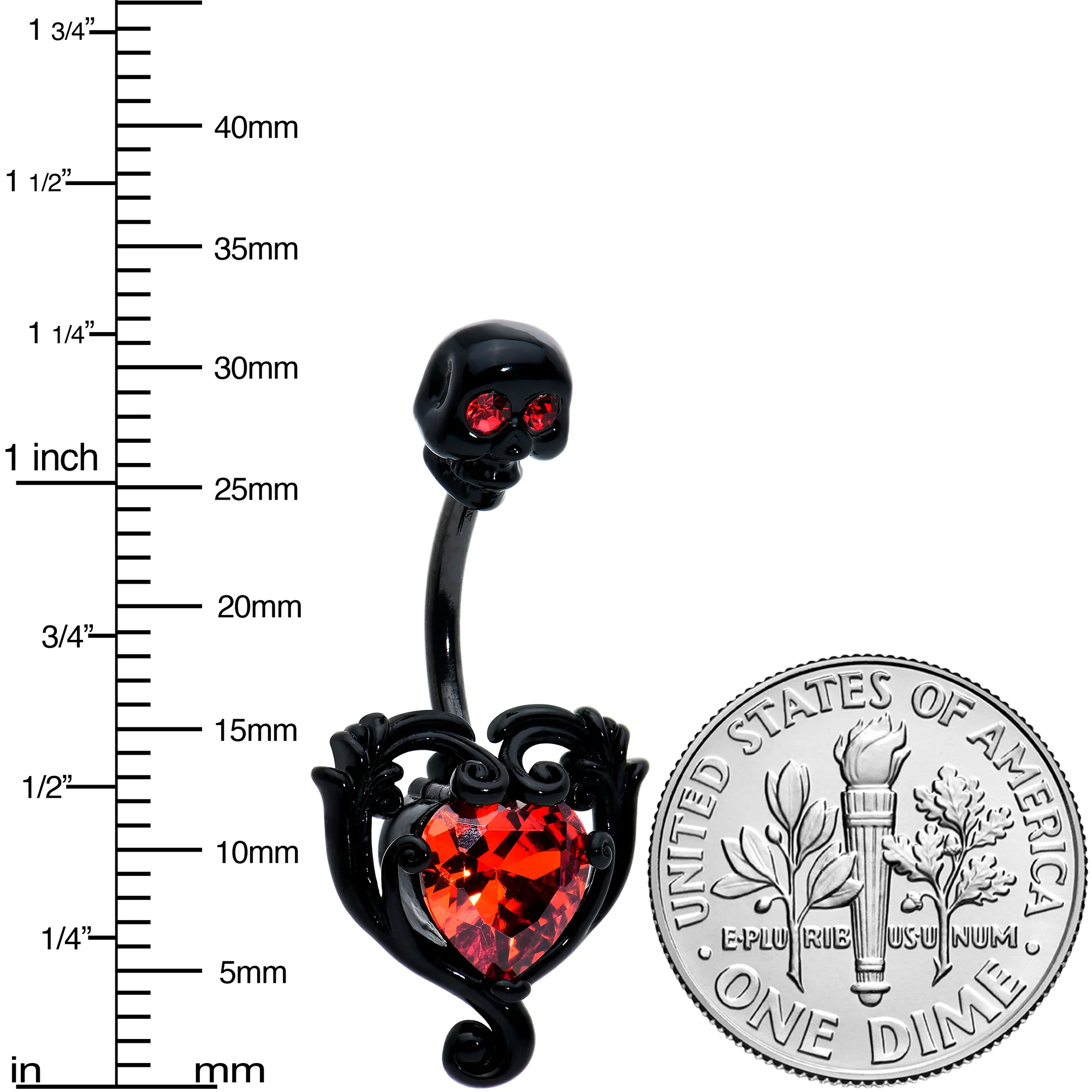 Red CZ Gem Black Passion Heart Skull Double Mount Belly Ring - Image 3