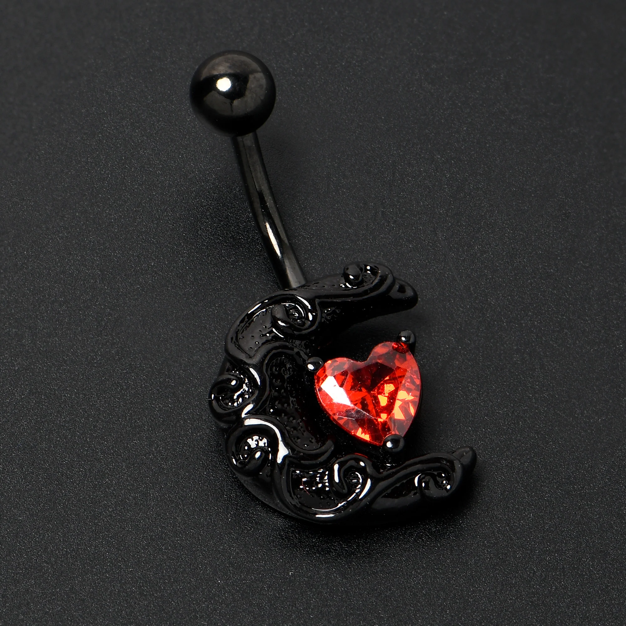 Red CZ Gem Black Scroll Moon Heart Belly Ring - Image 6