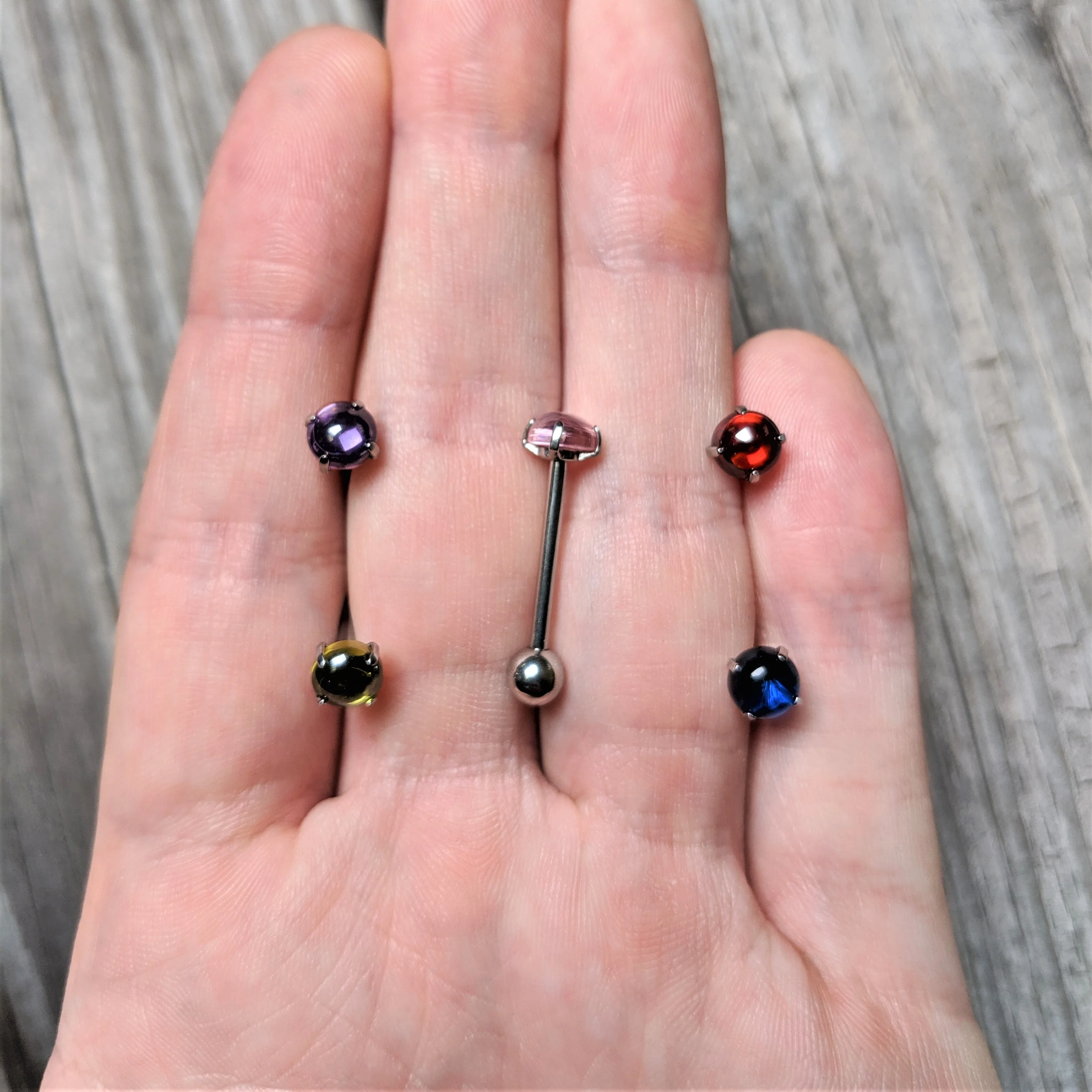 Red CZ Gem Smooth Hemisphere Barbell Tongue Ring - Image 2