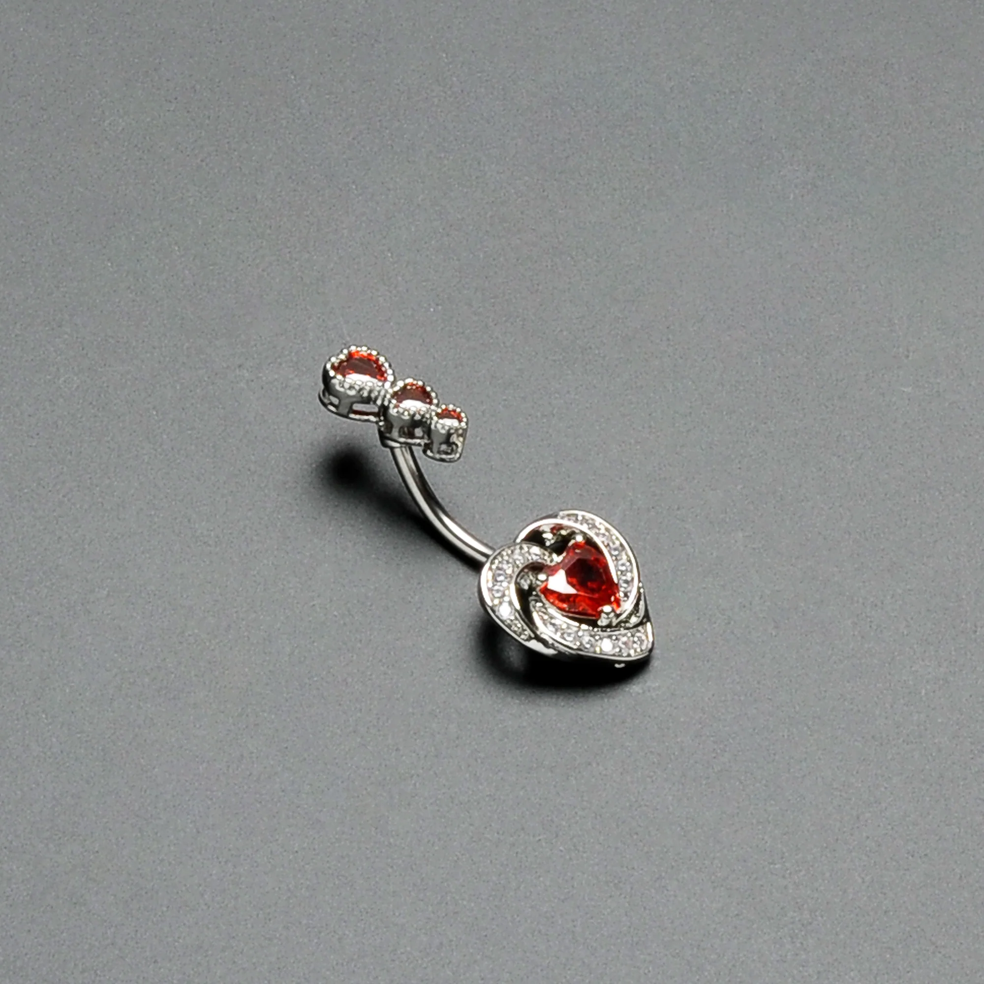 Red CZ Gem Triple Drop Swirl Heart Valentine Double Mount Belly Ring - Image 4