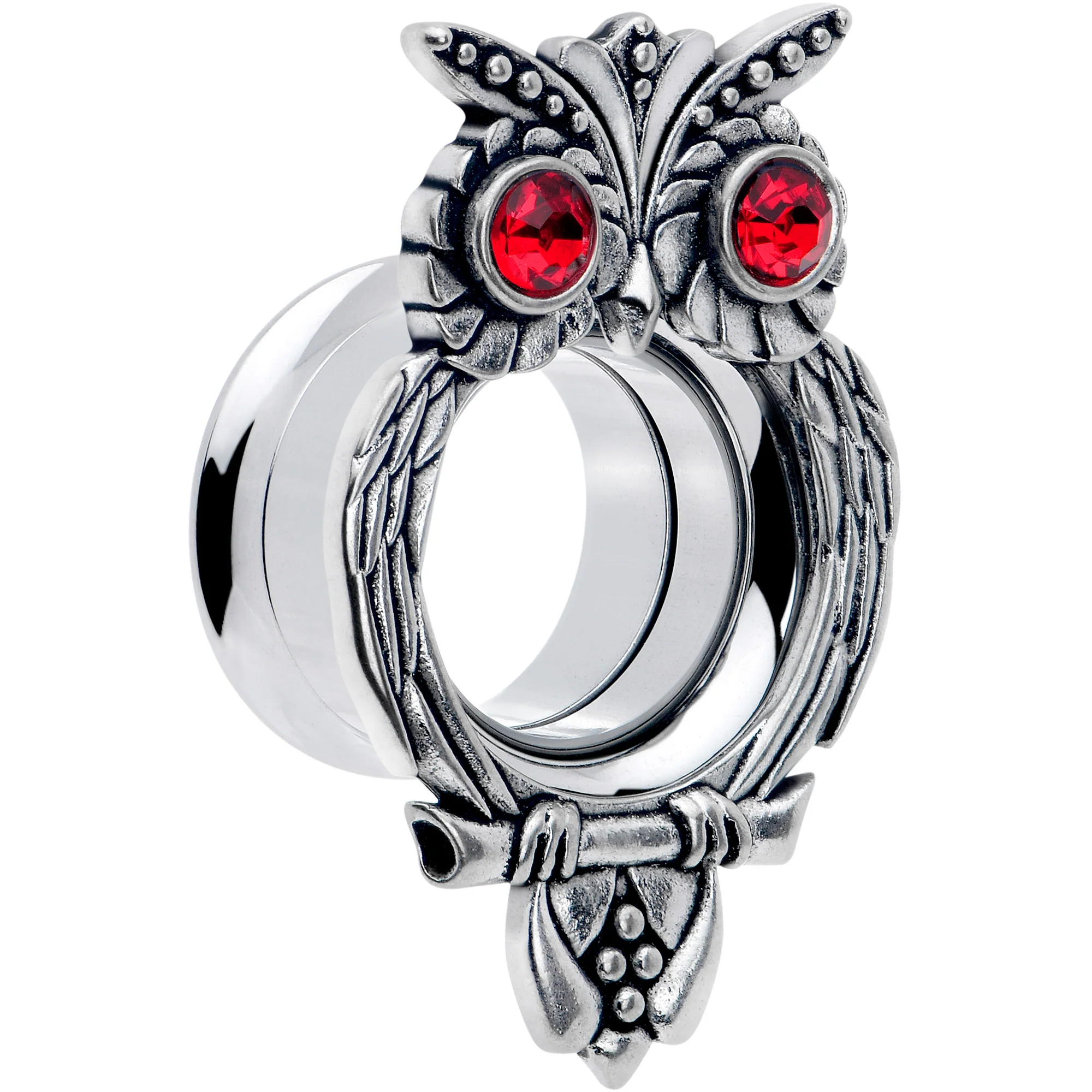 Red CZ Gem Wise Owl Screw Fit Tunnel Plug Set Available Sizes 6mm to 16mm - Image 4