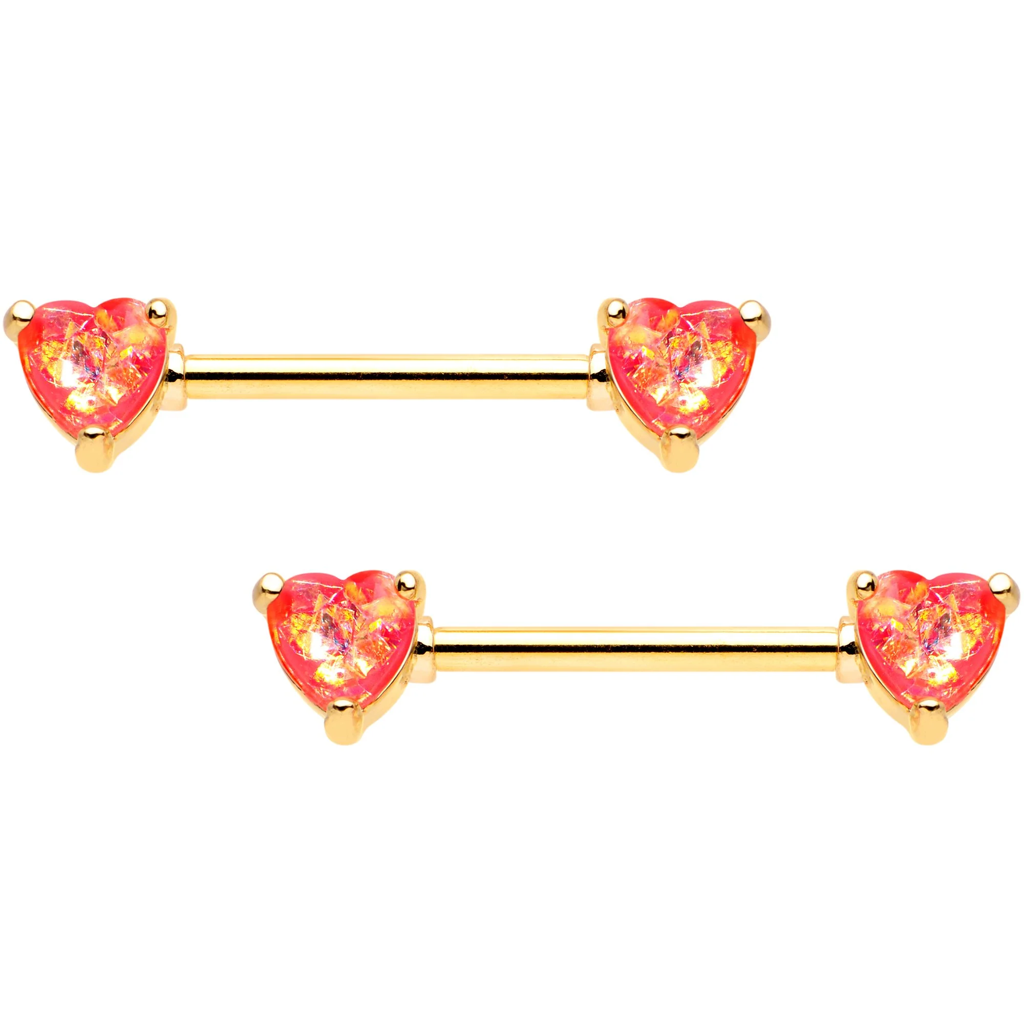 14G Coral Pink Faux Opal Heart BCR Ring Barbell Nipple Ring Set - Image 3