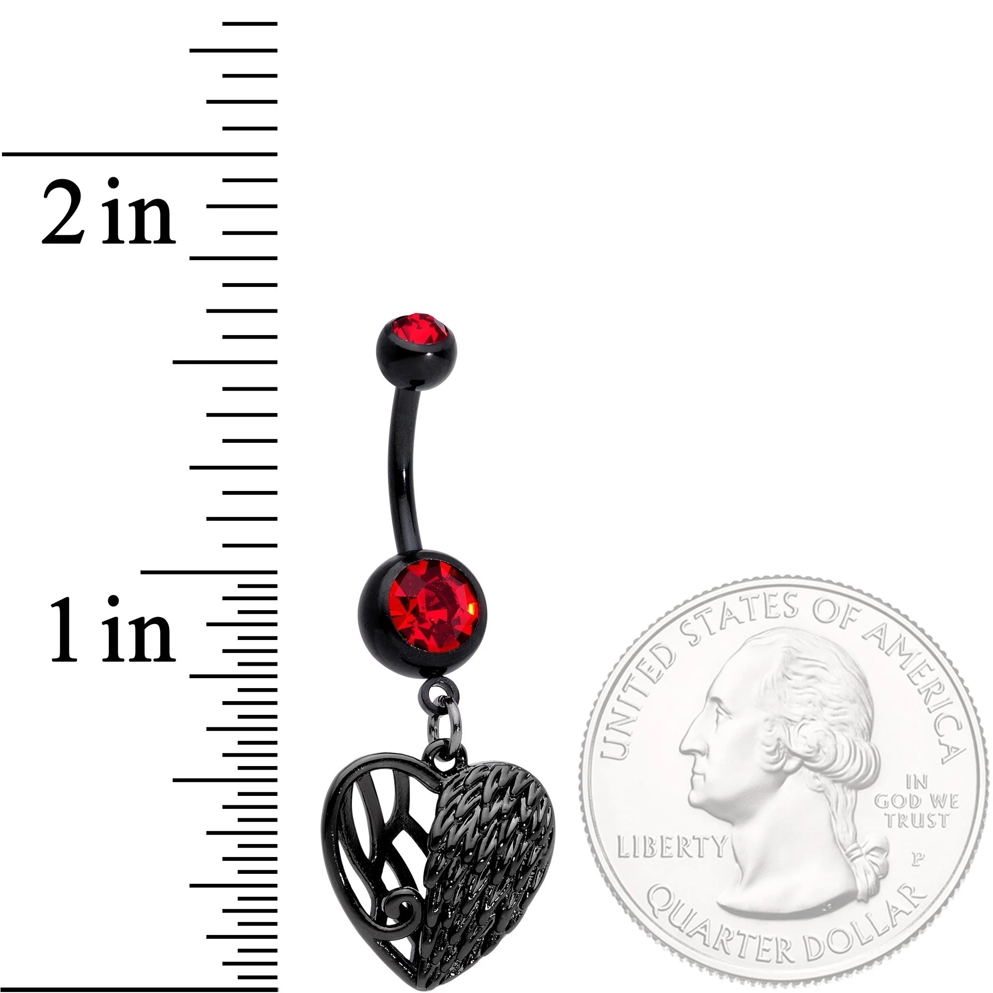 Red Gem Black Angels Wing Heart Dangle Belly Ring - Image 2