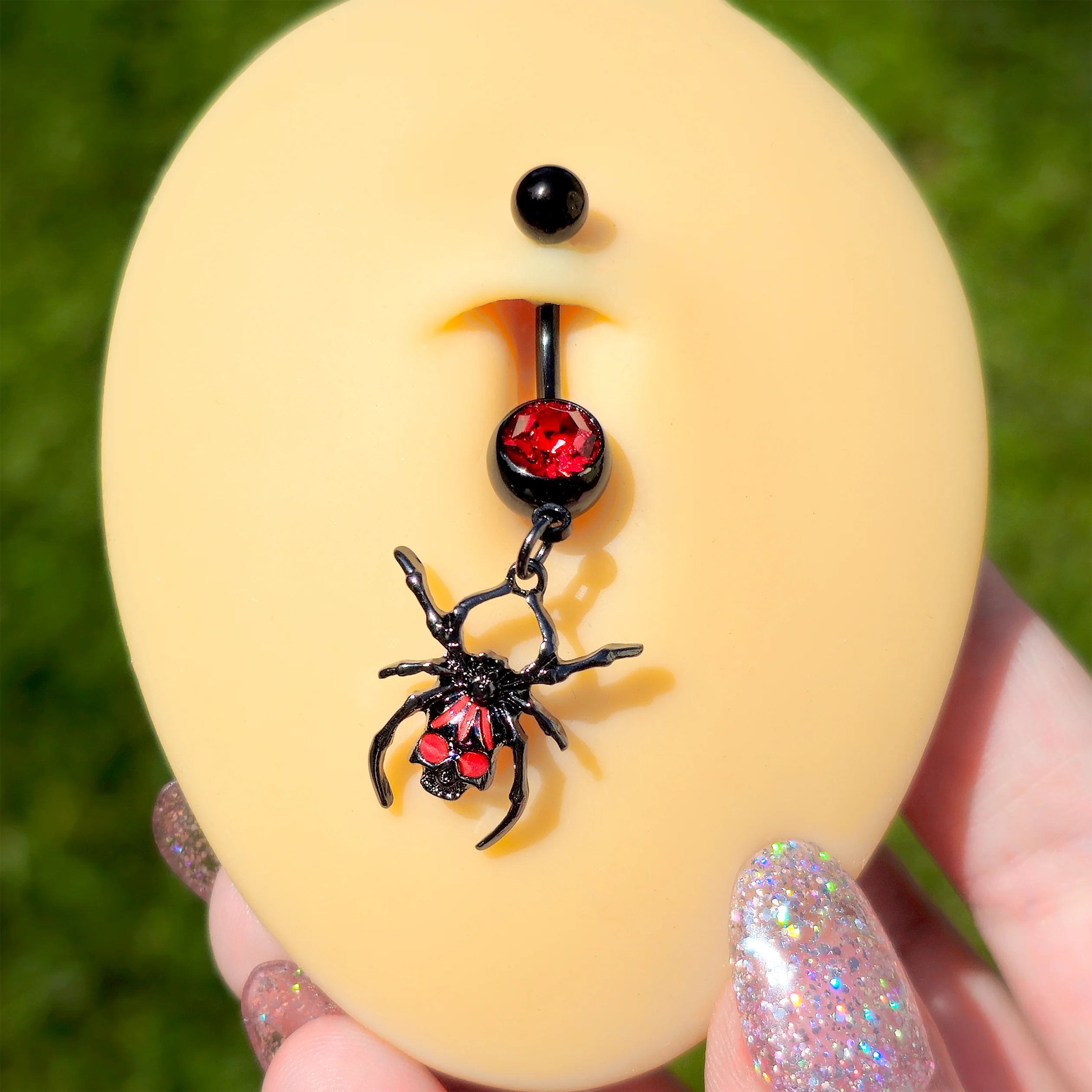 Red Gem Black Skull Spider Halloween Dangle Belly Ring - Image 2