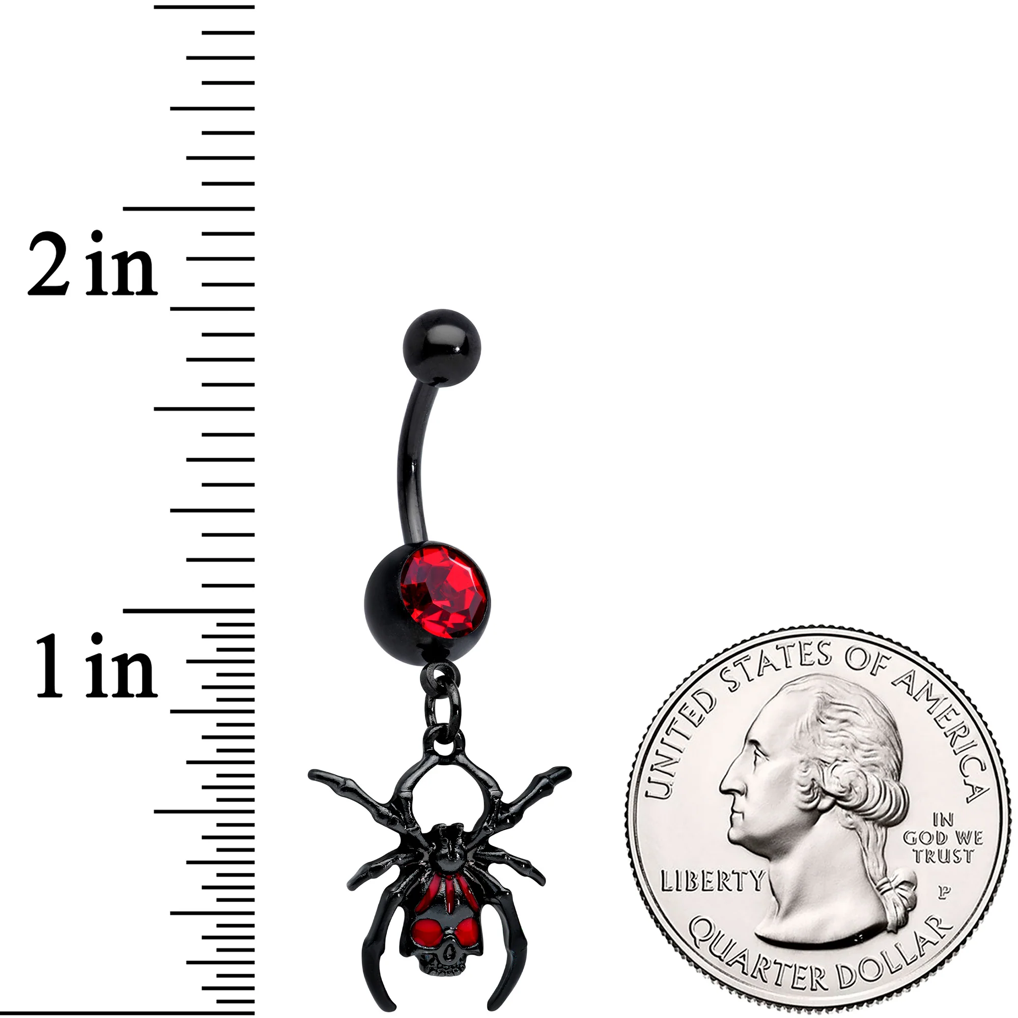 Red Gem Black Skull Spider Halloween Dangle Belly Ring - Image 3