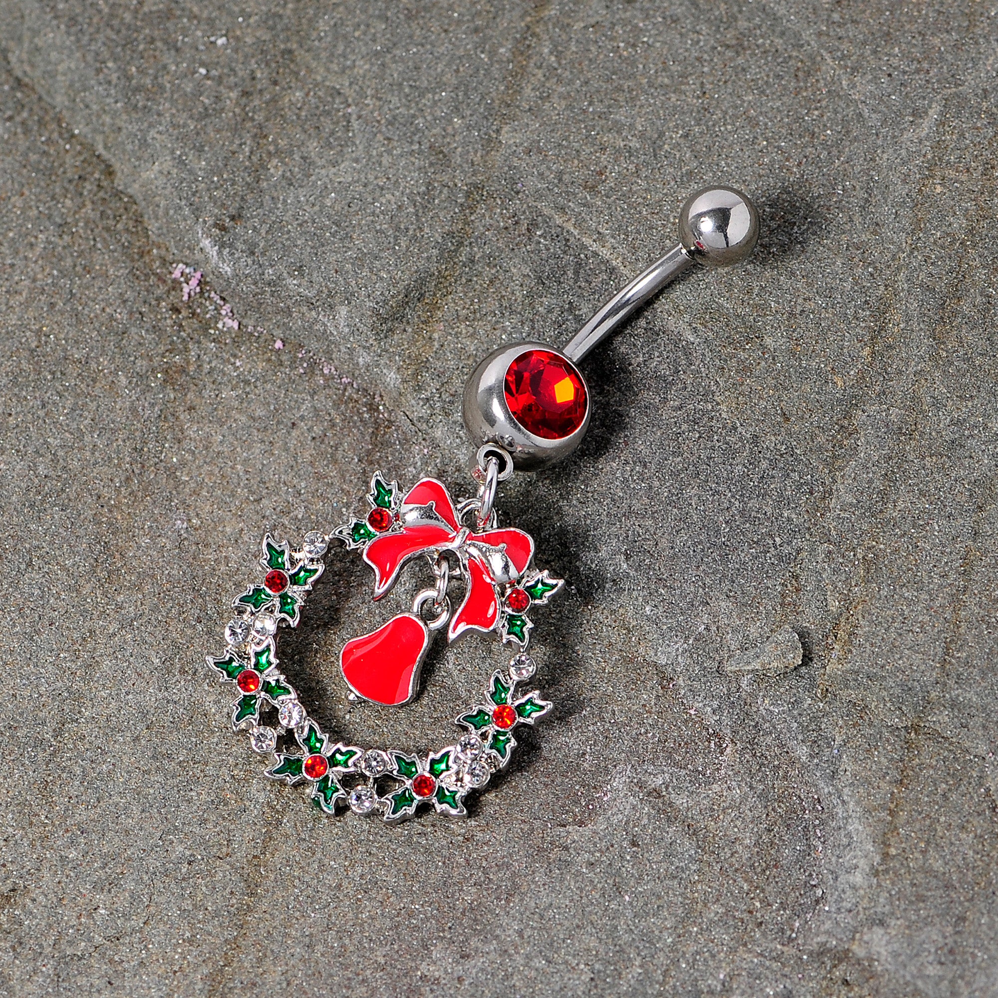 Red Gem Holiday Bell Wreath Christmas Dangle Belly Ring - Image 2