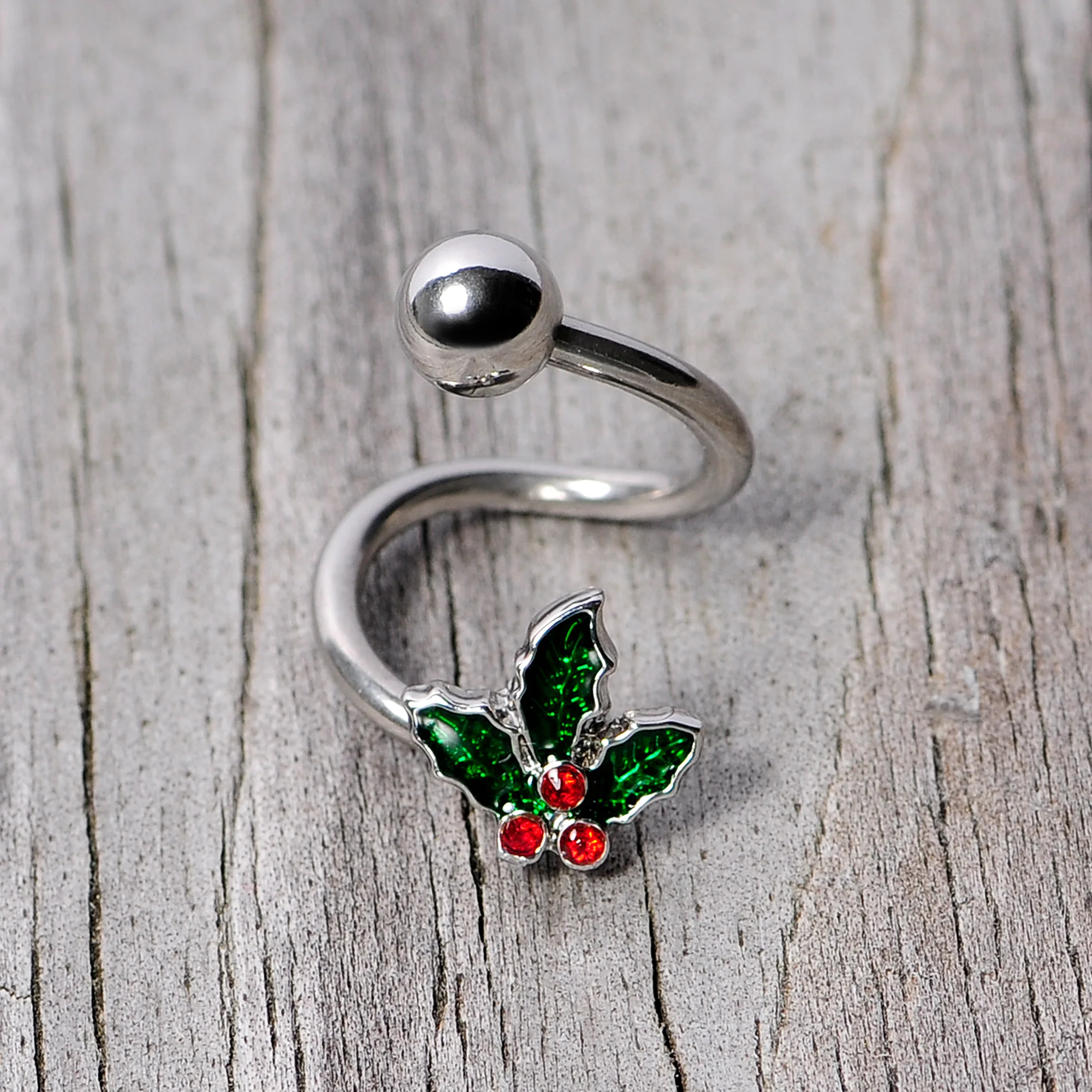 Red Gem Holly Berry Holiday Christmas Spiral Twister Belly Ring - Image 4