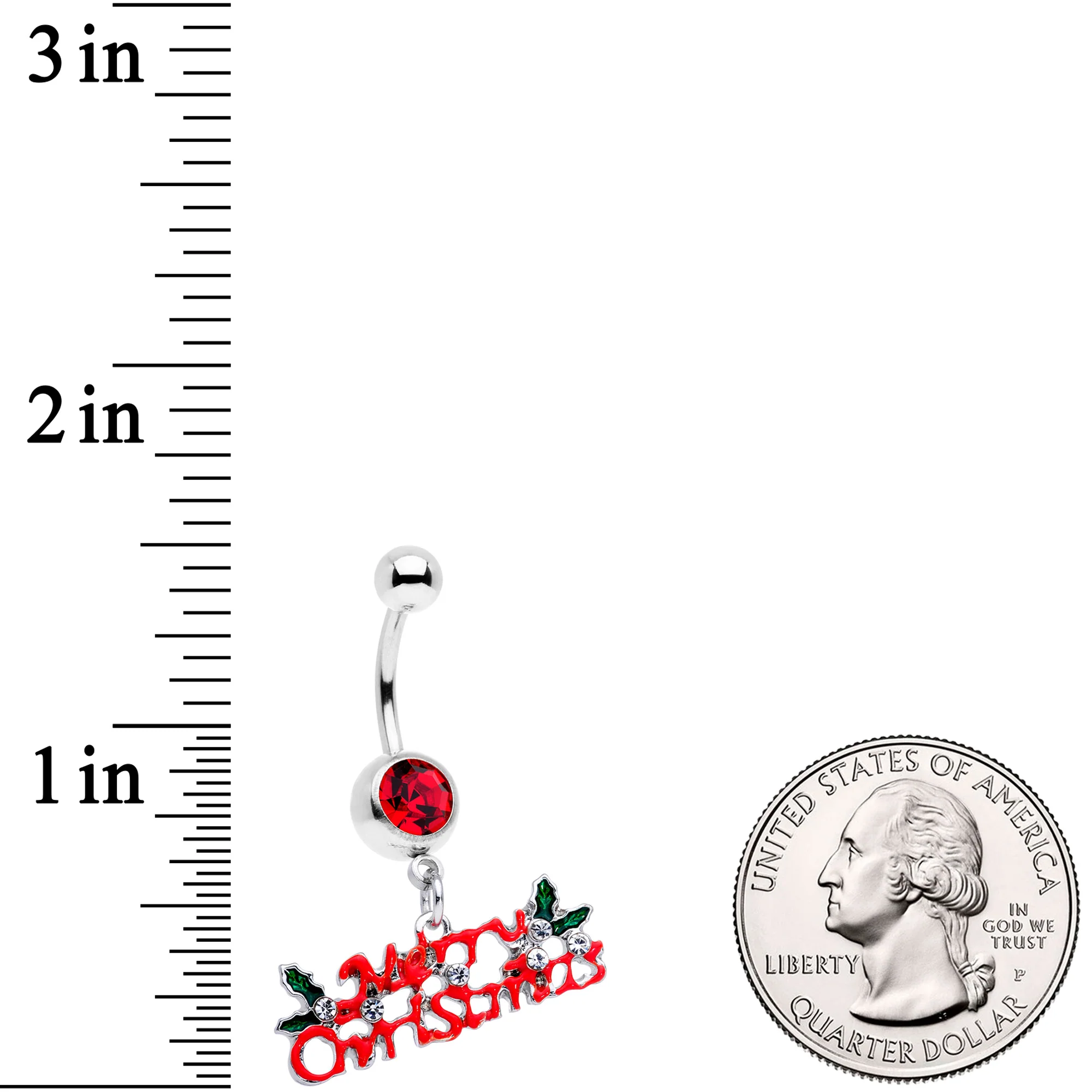 Red Gem Merry Christmas Dangle Belly Ring - Image 3