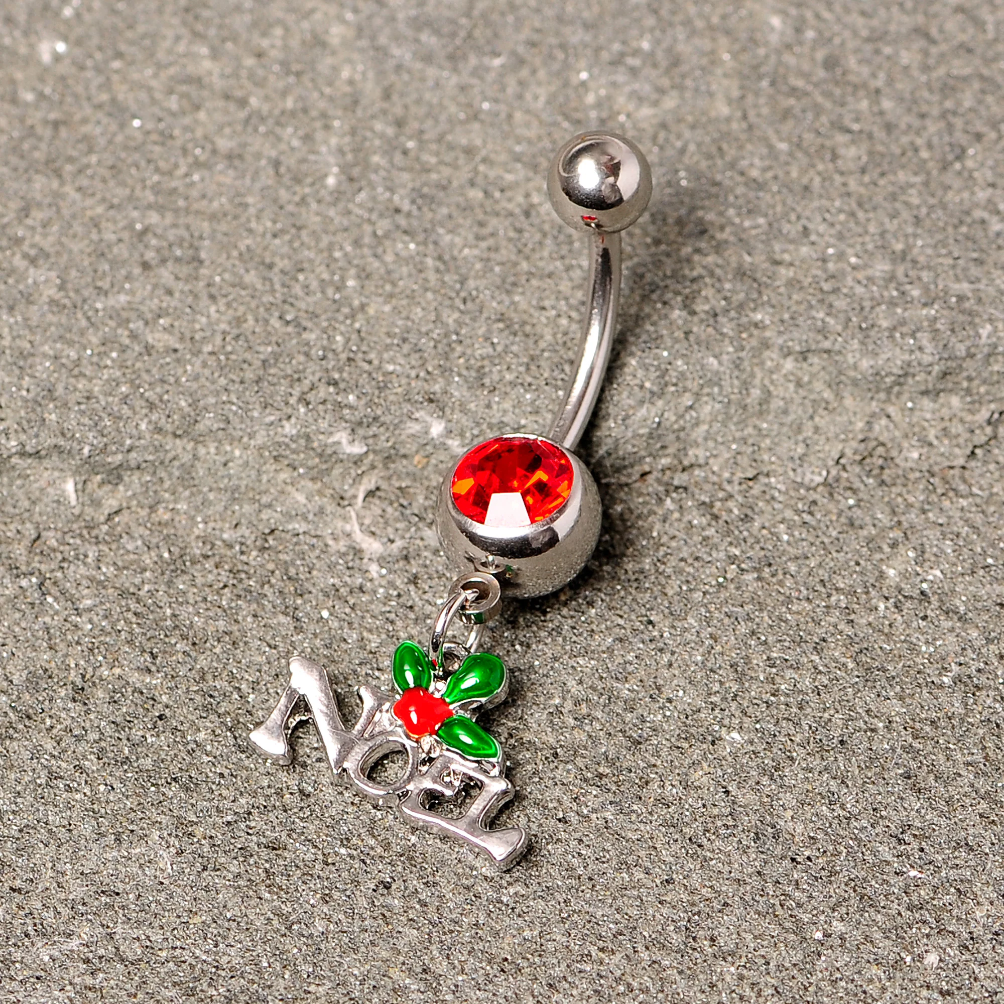 Red Gem Noel Winter Holiday Christmas Dangle Belly Ring - Image 3