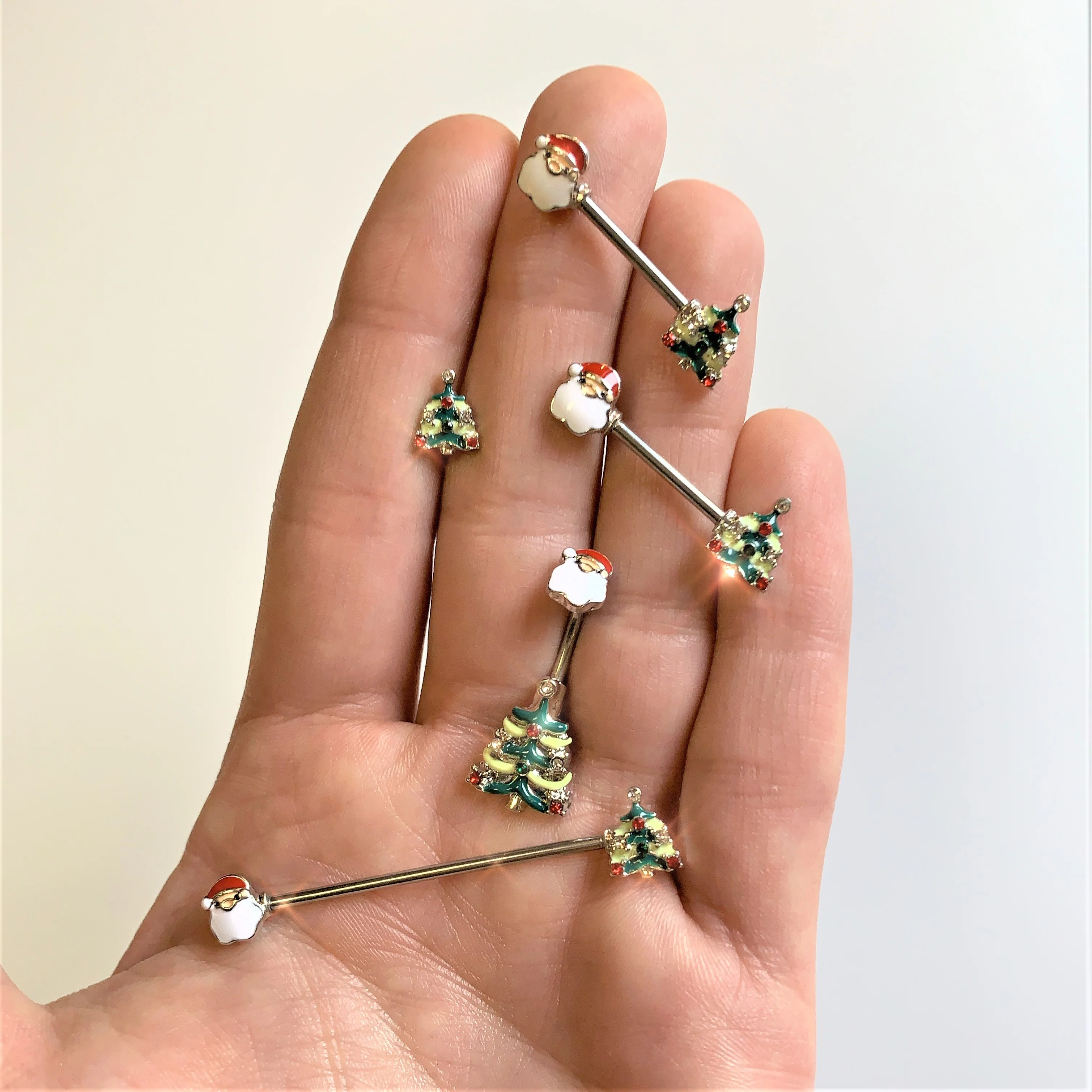 Red Gem Santa Christmas Tree Double Mount Belly Ring - Image 2
