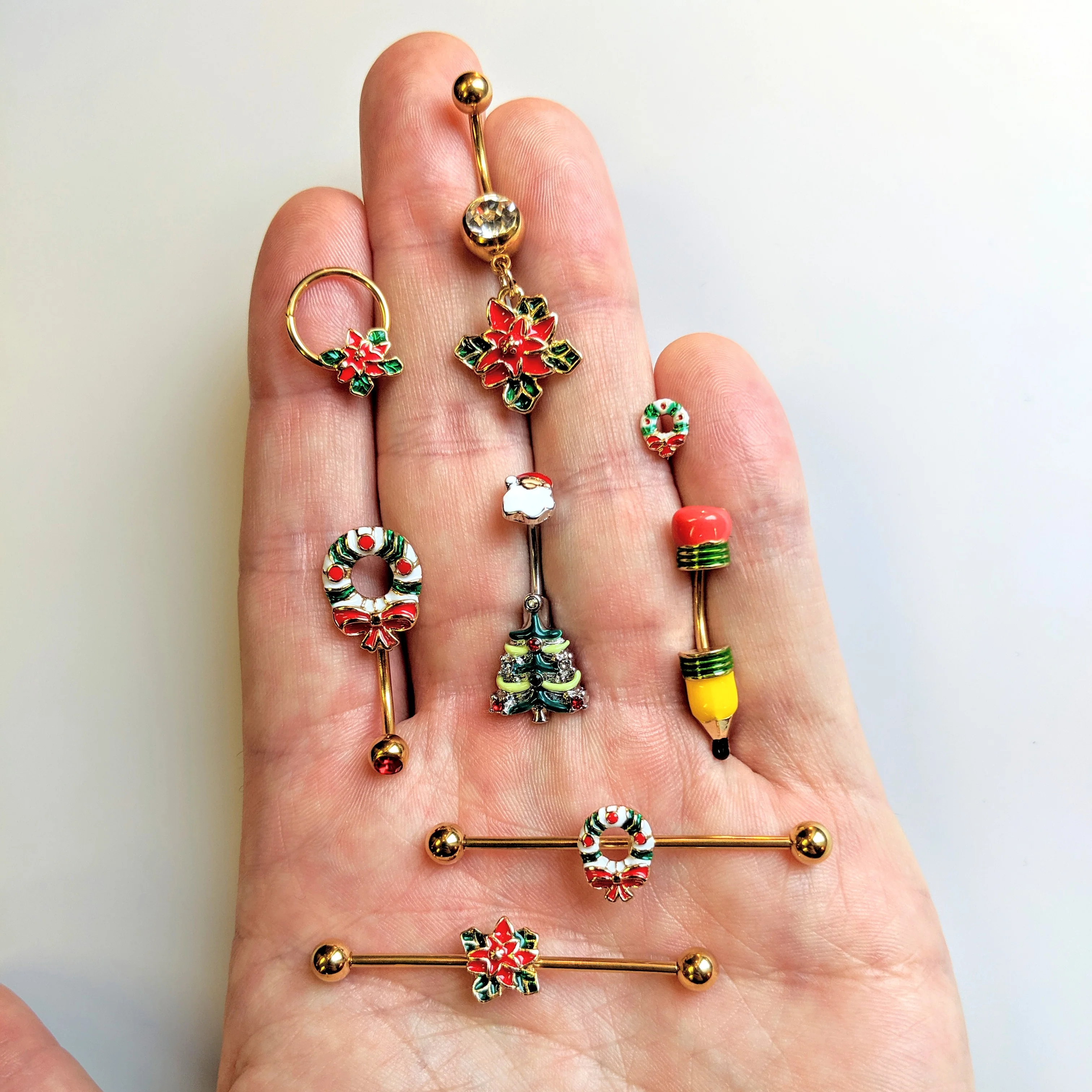 Red Gem Santa Christmas Tree Double Mount Belly Ring - Image 3