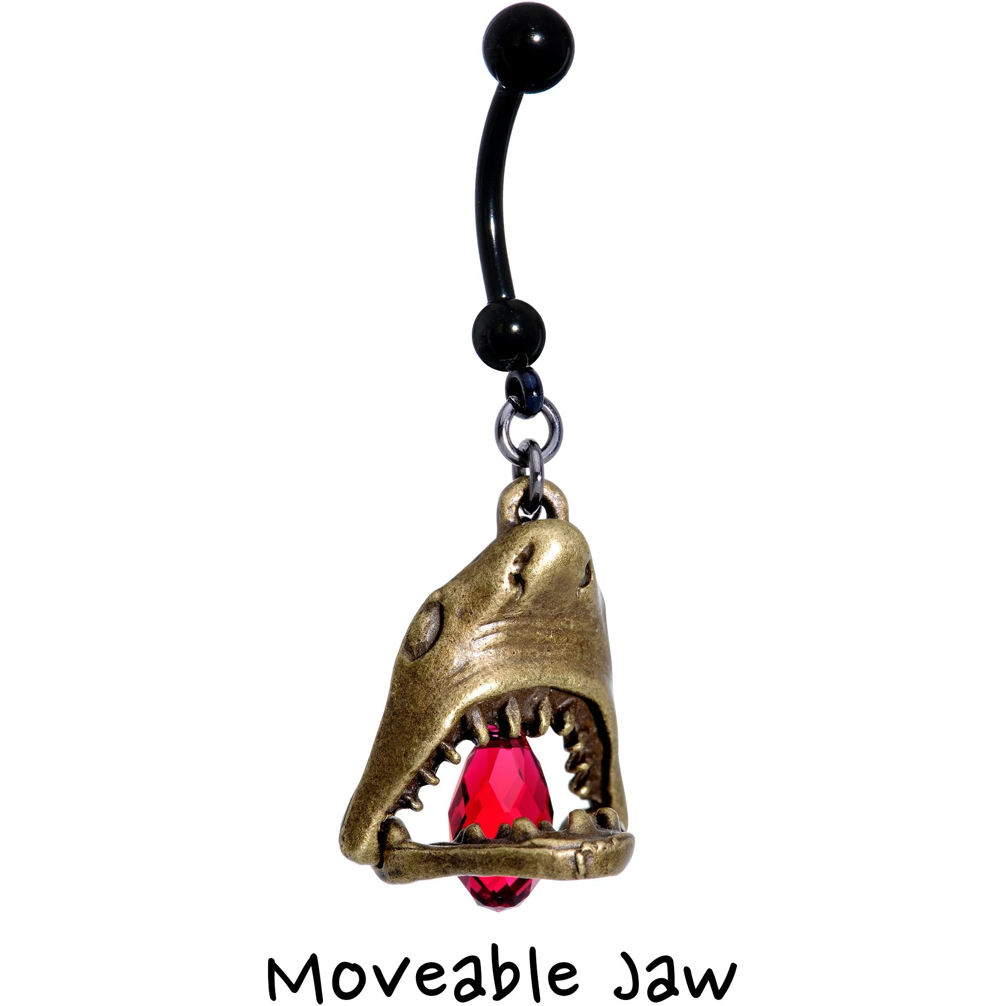 Red Gem Shark Jaw Dangle Belly Ring Created with Crystals - Image 2