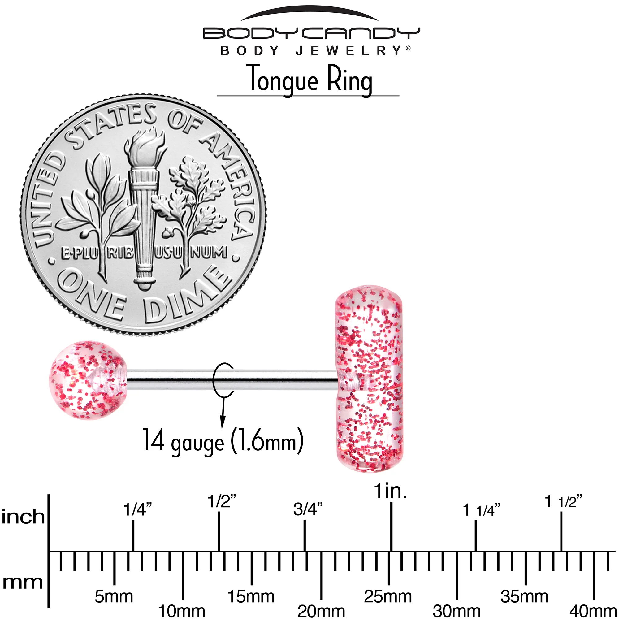 Red Glitter Acrylic Top End Barbell Tongue Ring - Image 5