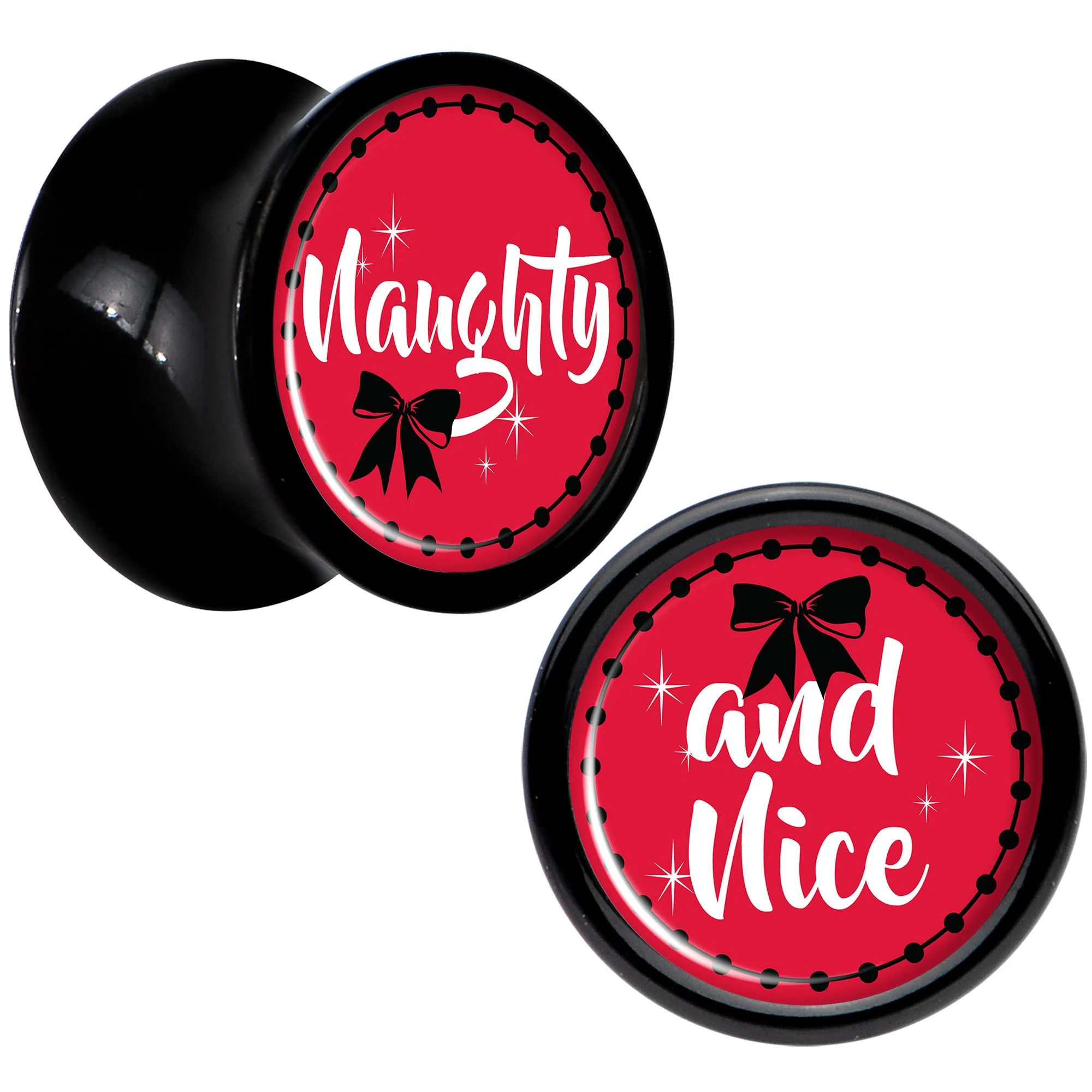 Red Holiday Naughty and Nice Black Acrylic Saddle Plug Set Sizes 6mm to 20mm - Image 3