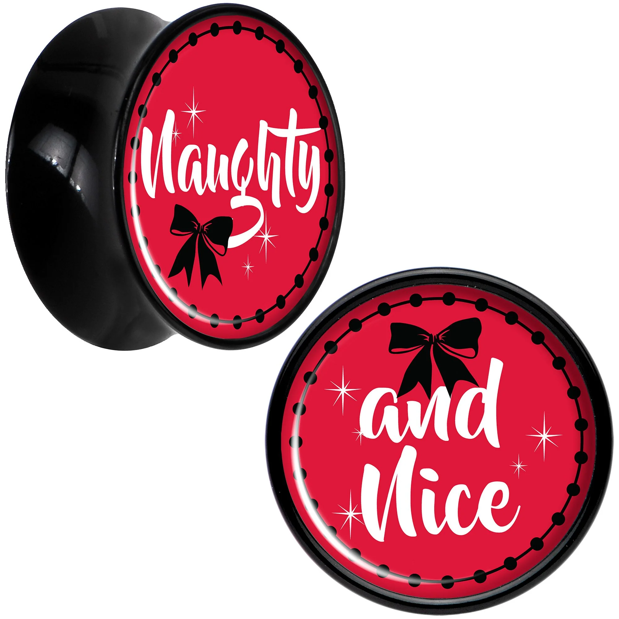 Red Holiday Naughty and Nice Black Acrylic Saddle Plug Set Sizes 6mm to 20mm - Image 5