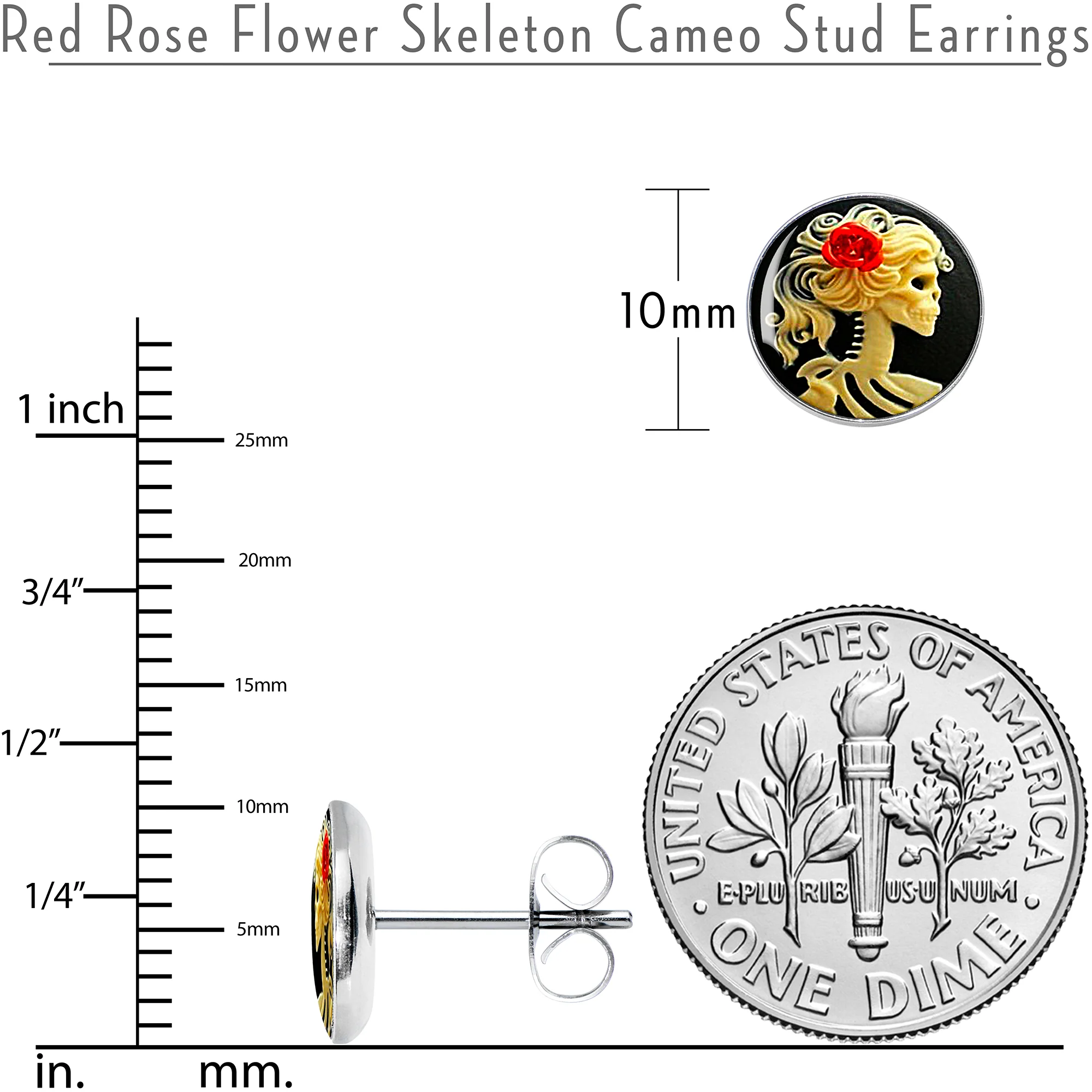 Red Rose Flower Skeleton Cameo Stud Earrings - Image 3