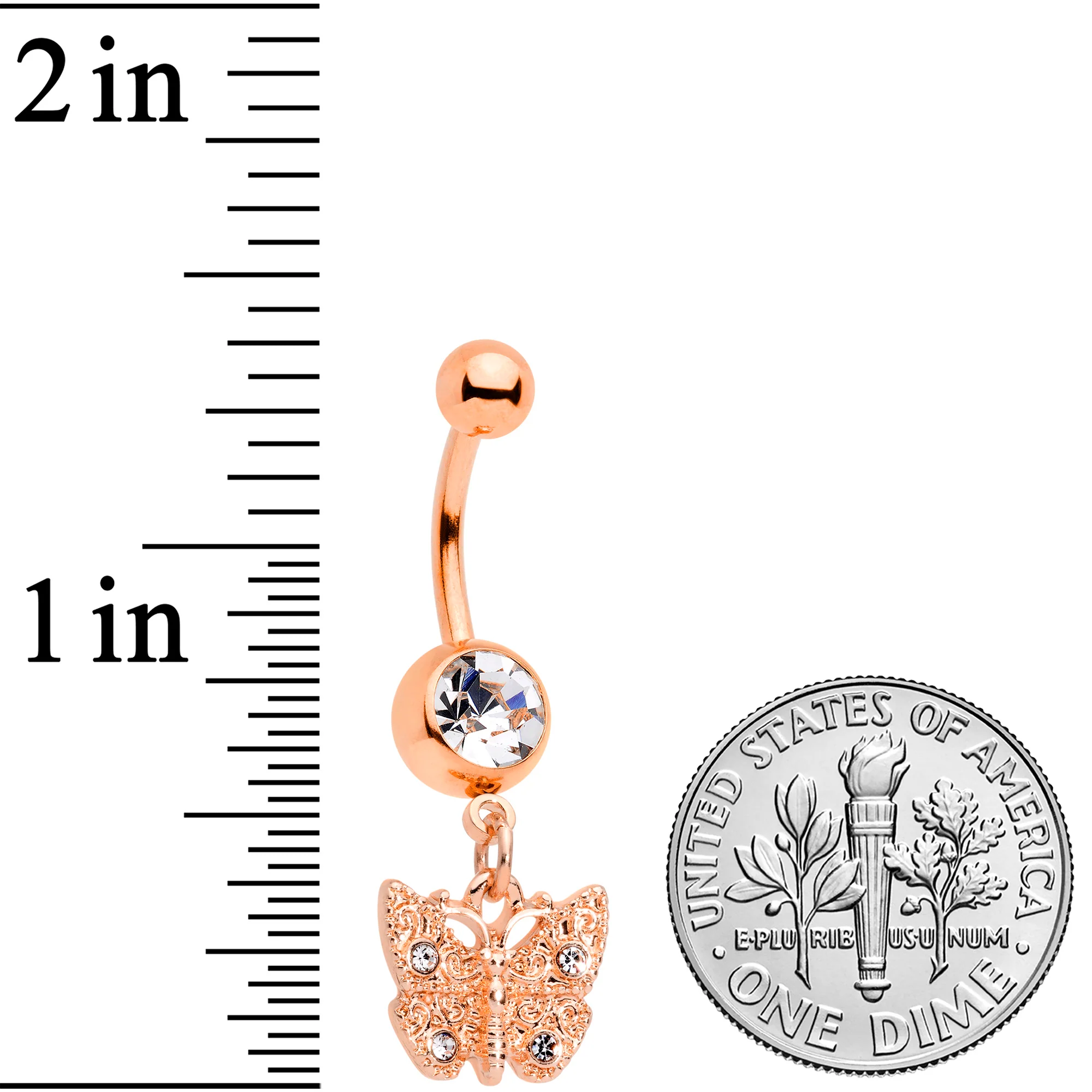 Rose Gold Tone Clear Gem Baroque Butterfly Dangle Belly Ring - Image 2