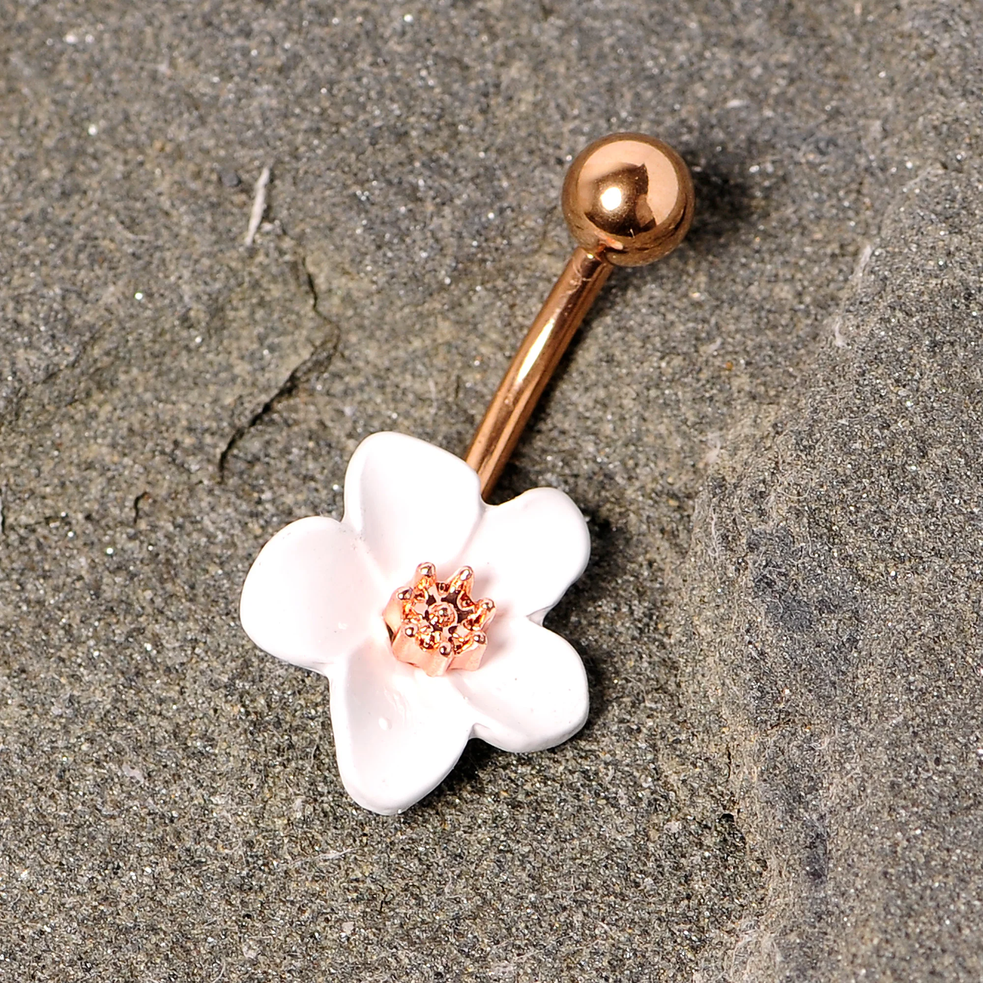 Rose Gold Tone Spring Blossom Pretty White Flower Belly Ring - Image 4