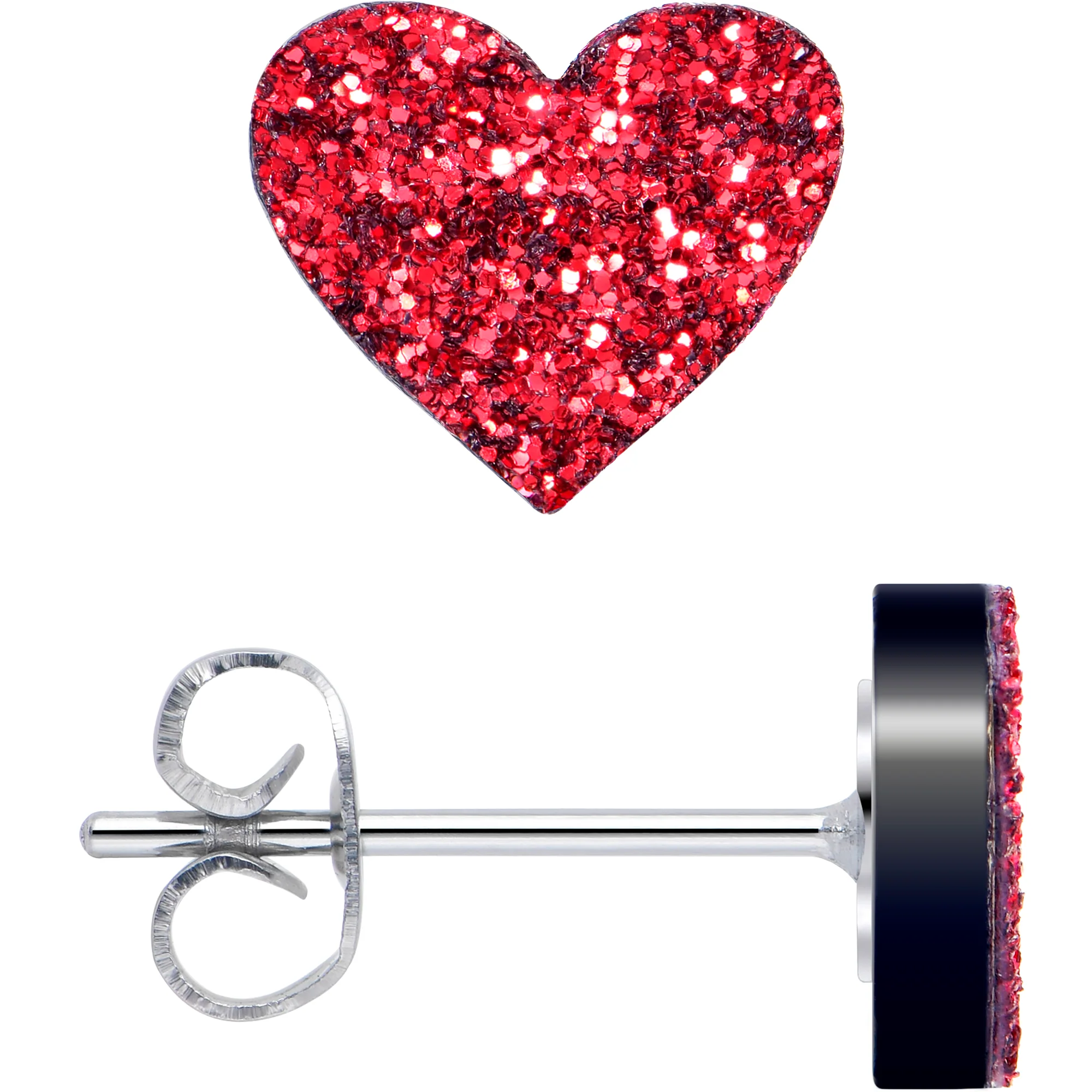 Ruby Red Glitter Heart Stud Earrings - Image 2