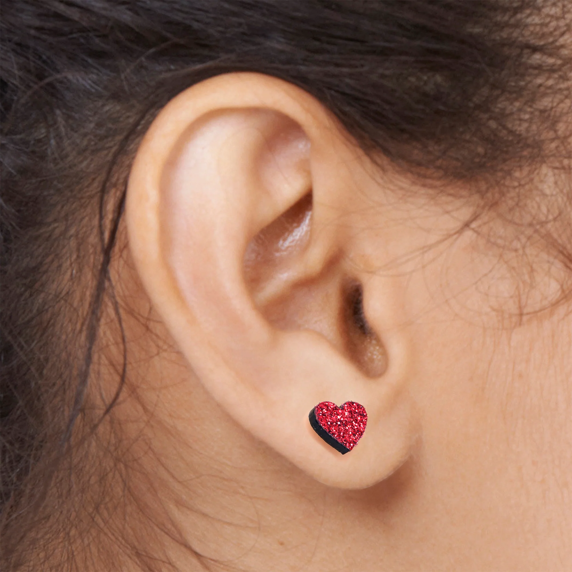 Ruby Red Glitter Heart Stud Earrings - Image 3