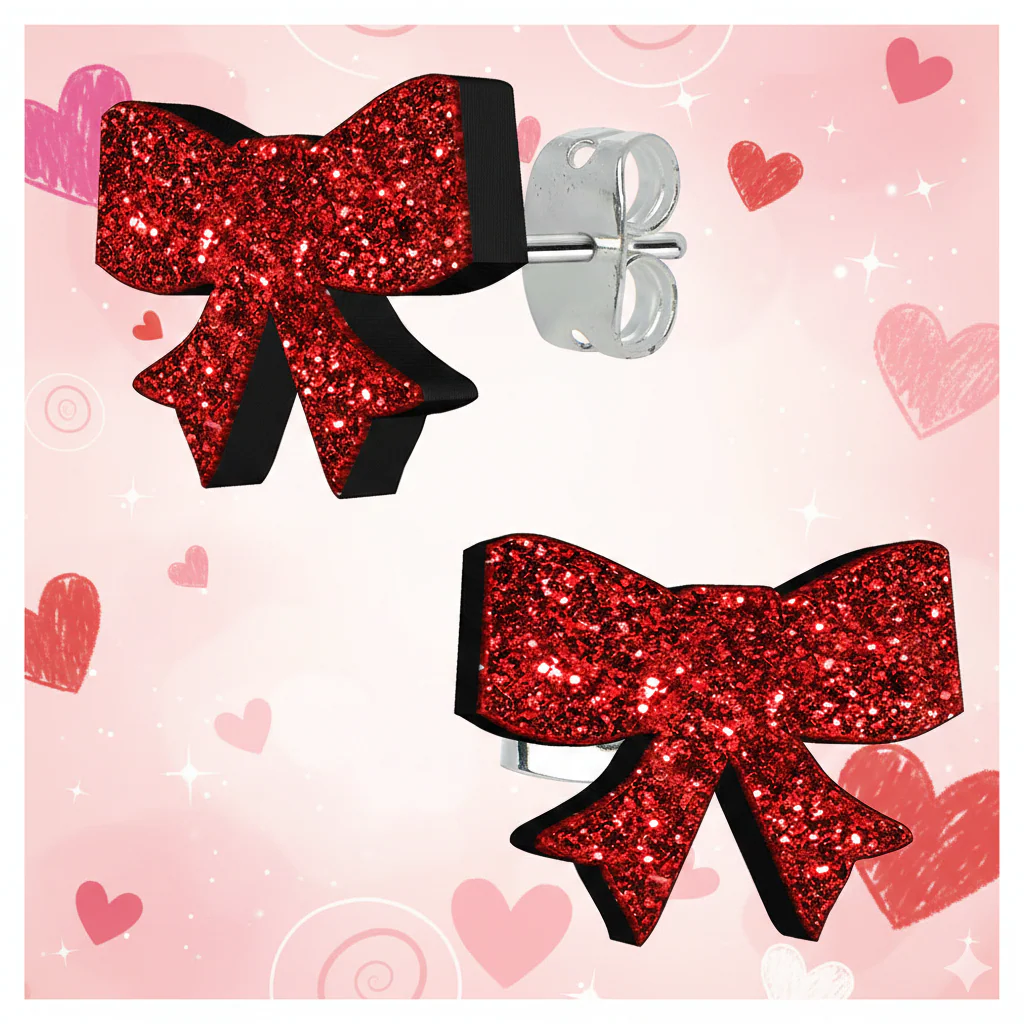 Ruby Red Glitter Ribbon Bow Stud Earrings - Image 2