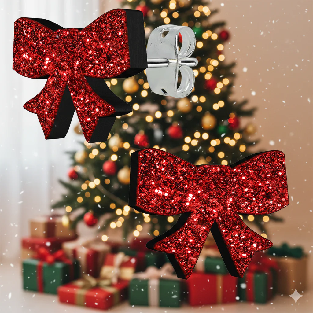 Ruby Red Glitter Ribbon Bow Stud Earrings - Image 3