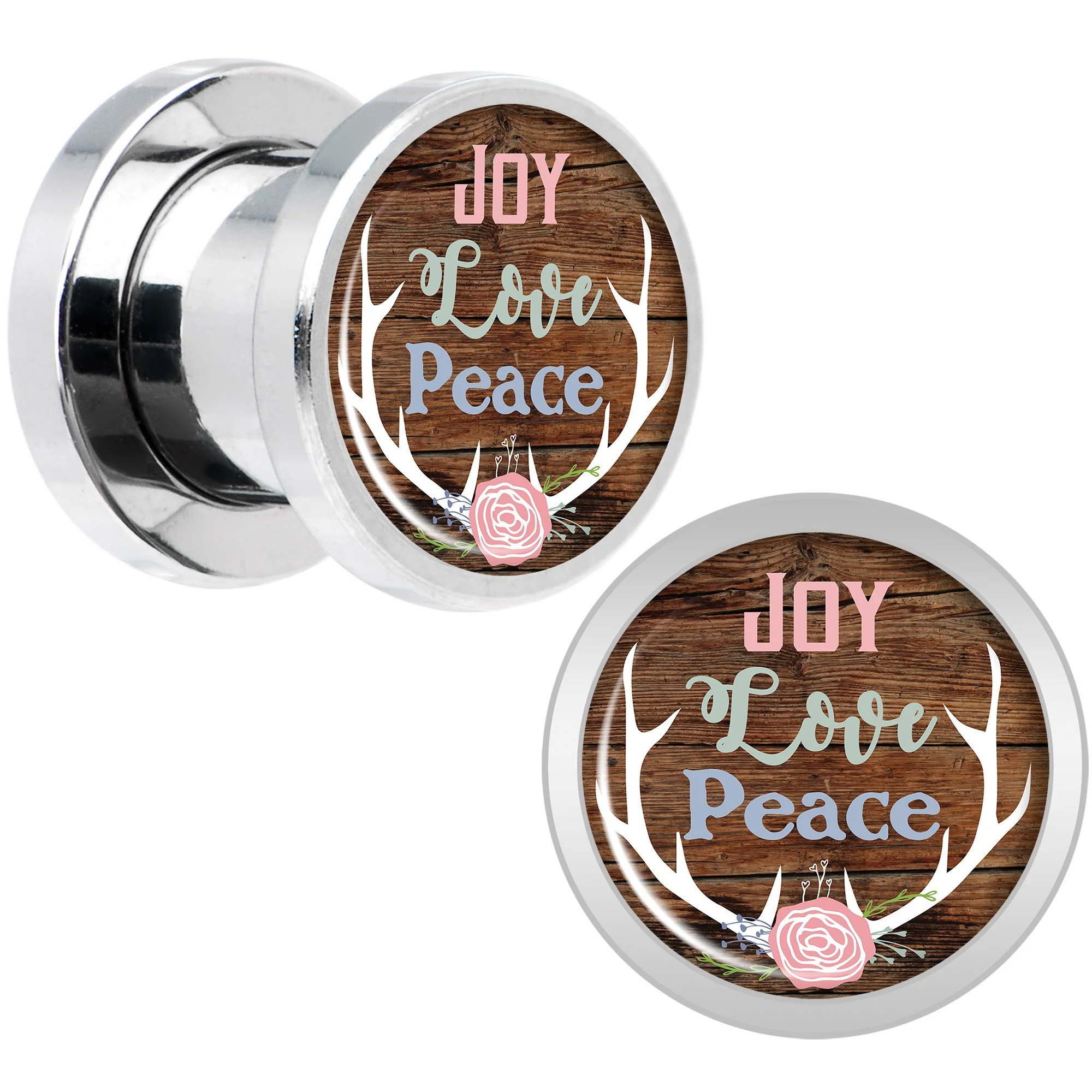 Rustic Joy Love Peace Antlers Screw Fit Plug Set Sizes 5mm to 20mm - Image 4