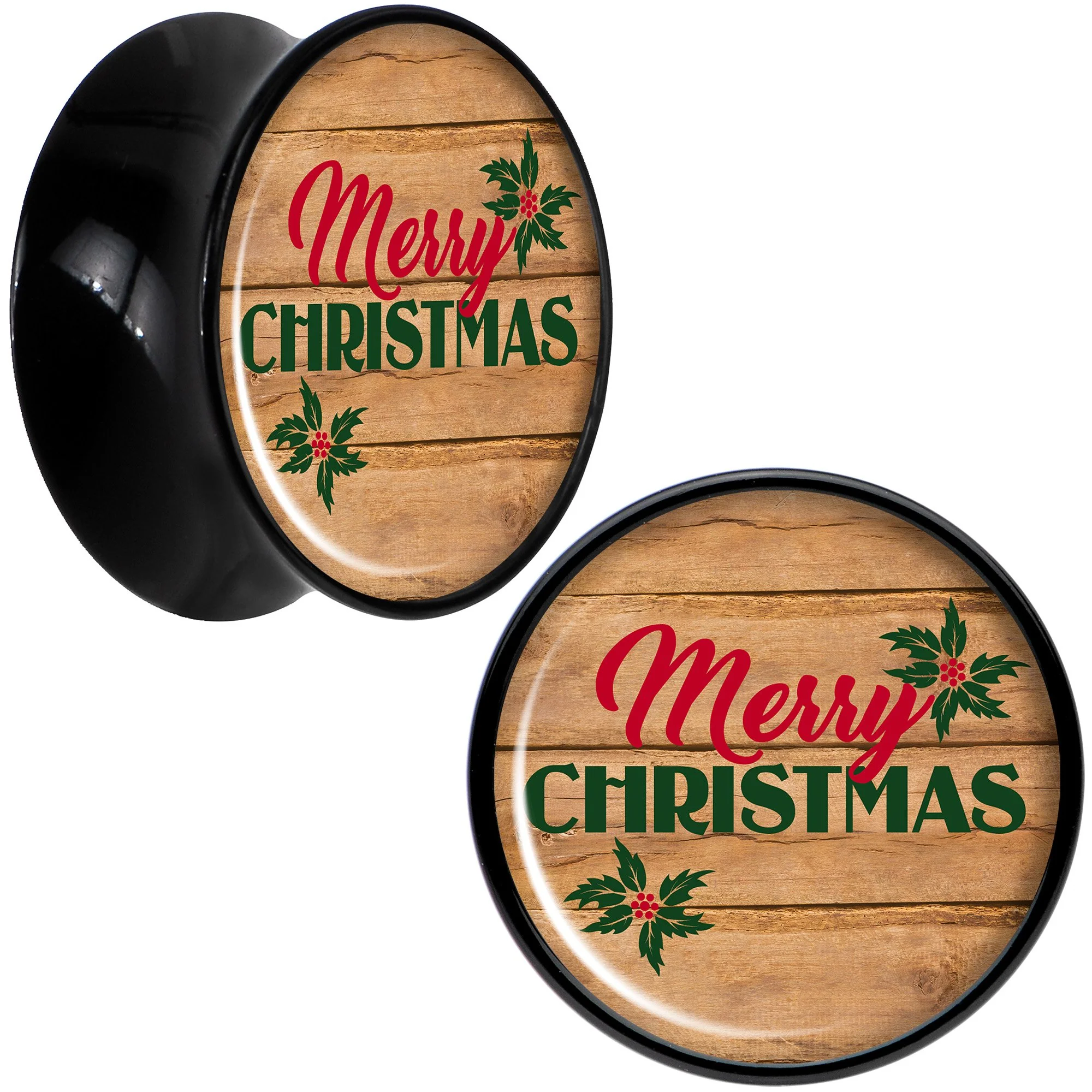 Rustic Wood Merry Christmas Black Acrylic Saddle Plug Set Sizes 8mm to 20mm - Image 5