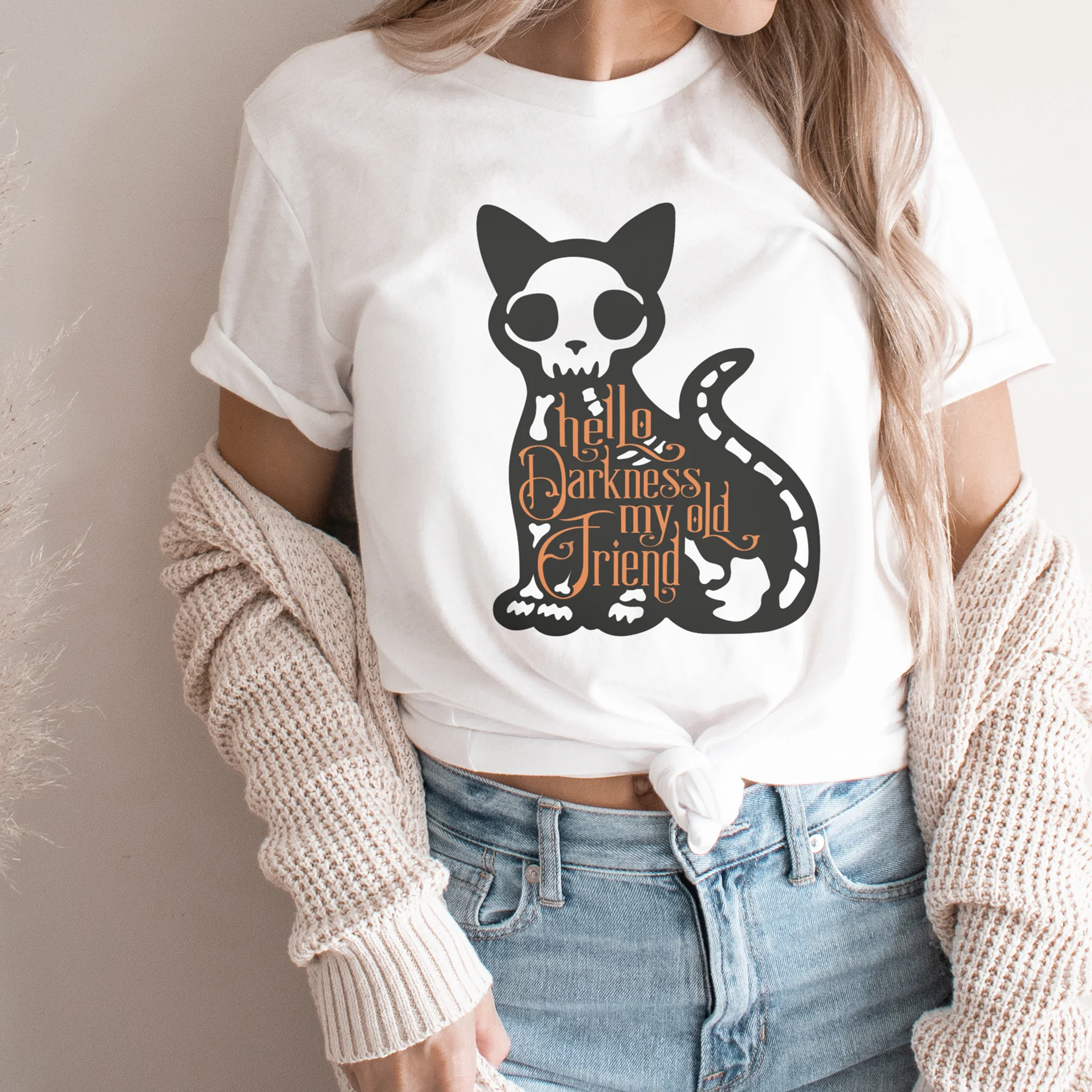 Skeleton Kitty Cat Hello Darkness Tee Shirt - Image 2