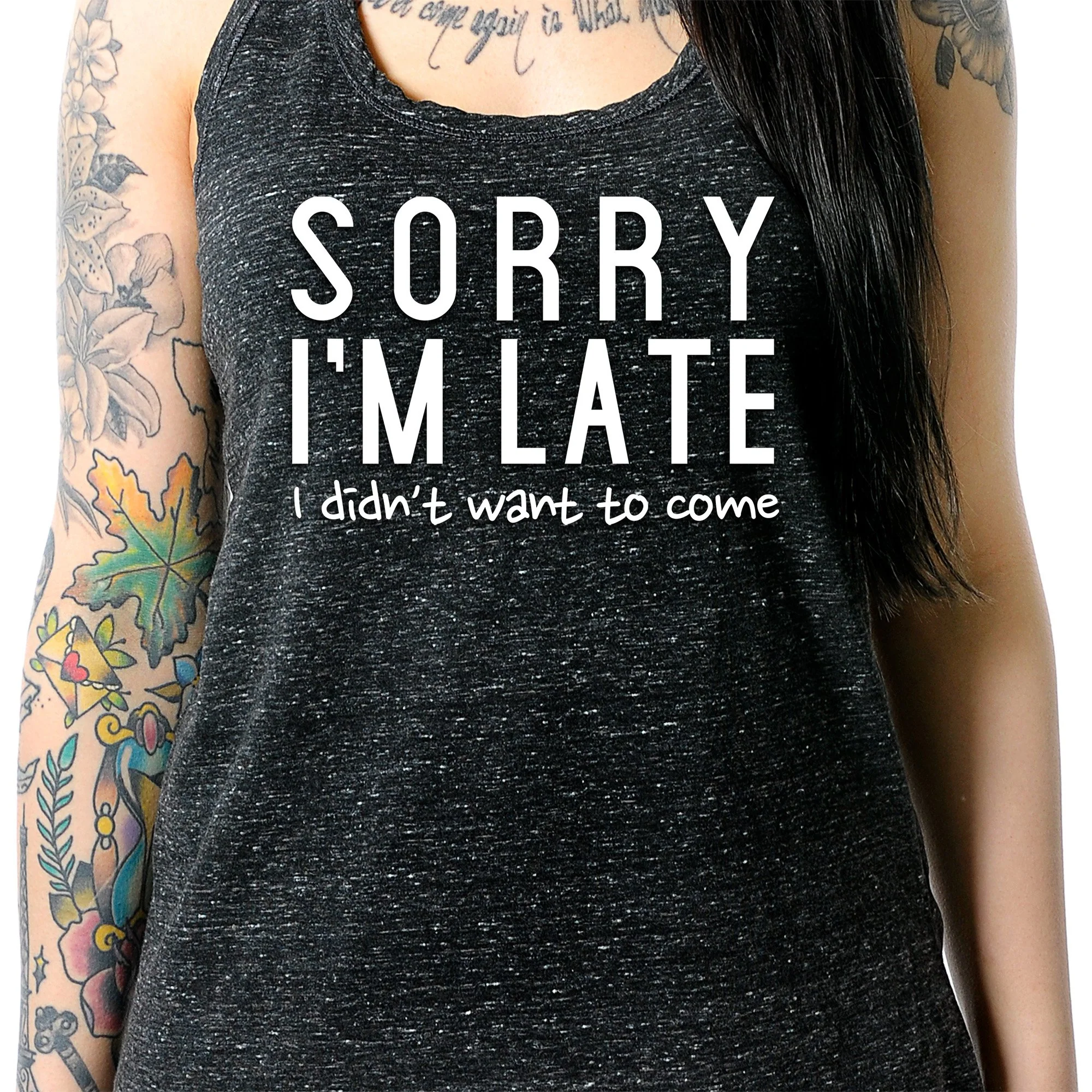 Sorry I'm Late, I Didn't Want To Come Black Gray Cosmic Twist Back Tank Top - Image 3
