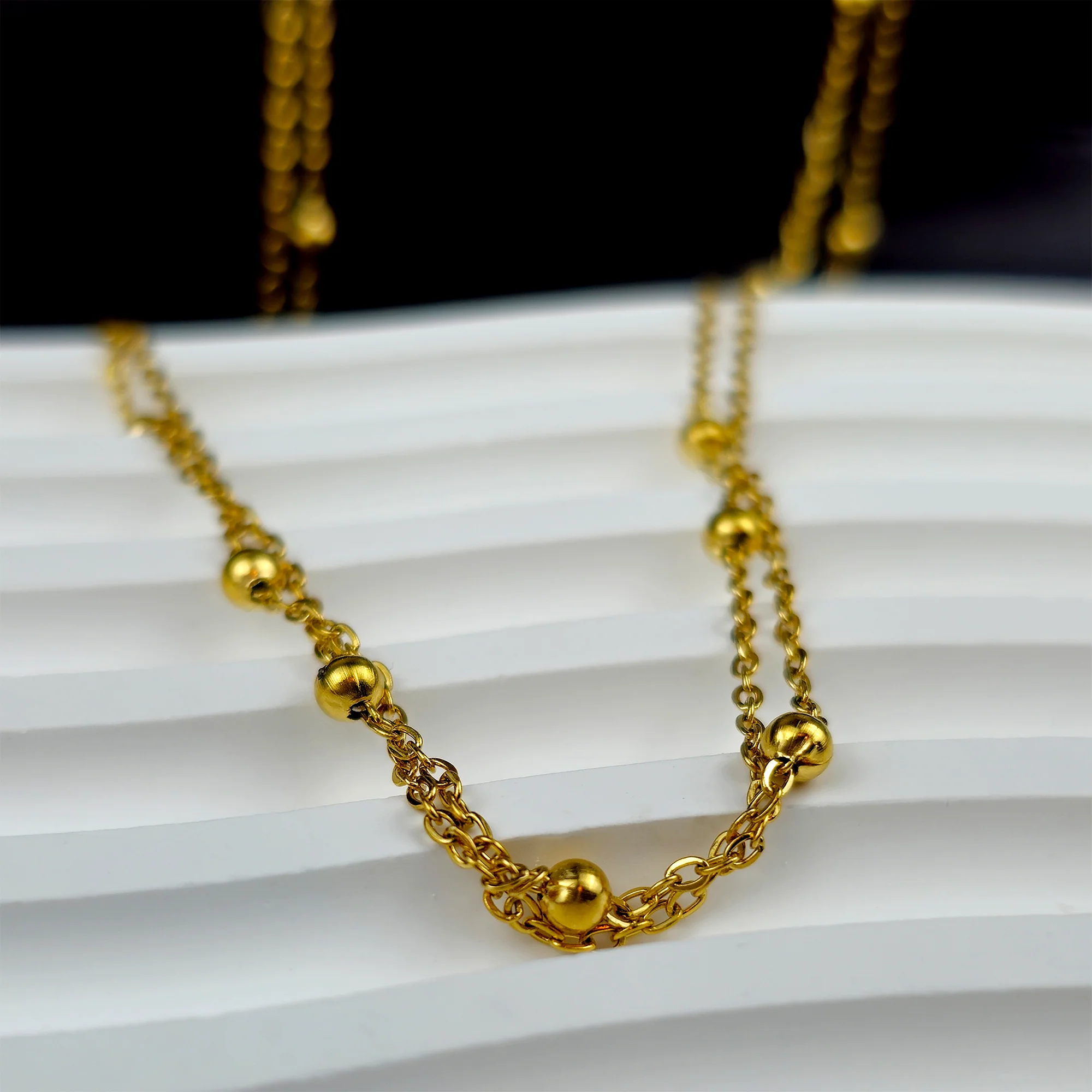 Stainless Steel Gold Tone PVD Ball Station Necklace Satellite Chain Double Necklace - Image 2