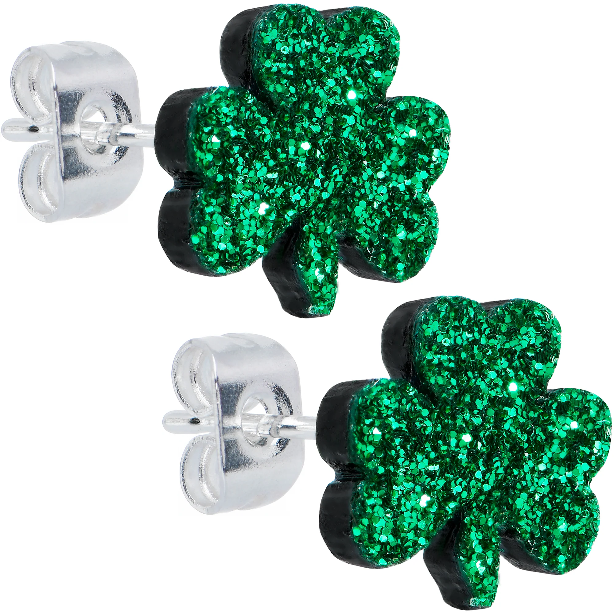 Stainless Steel Green Glitter Shamrock St Patricks Stud Earrings - Image 3