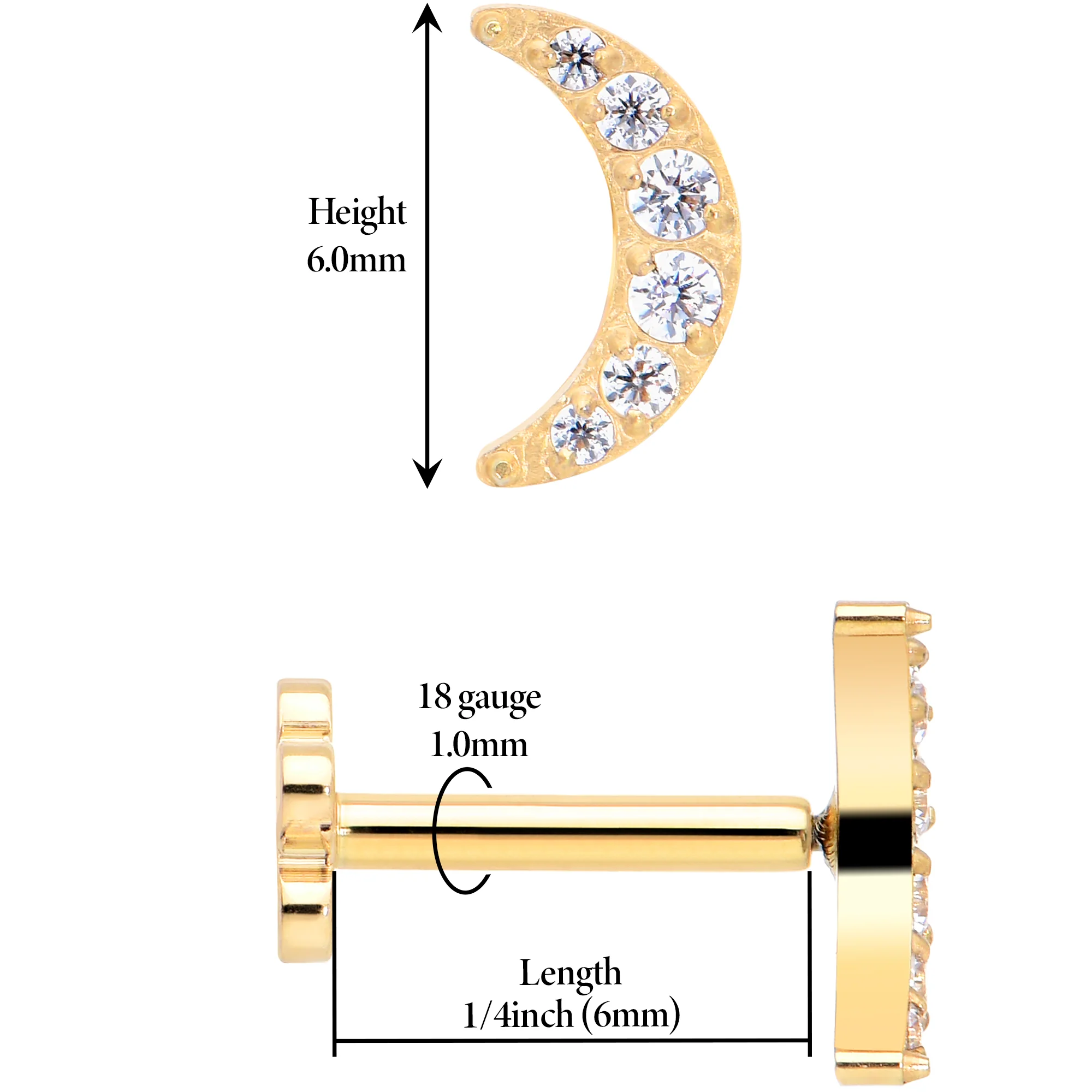 Titanium Flat Back Earring Gem Crescent Moon - 18G Threadless Reversible - Image 2