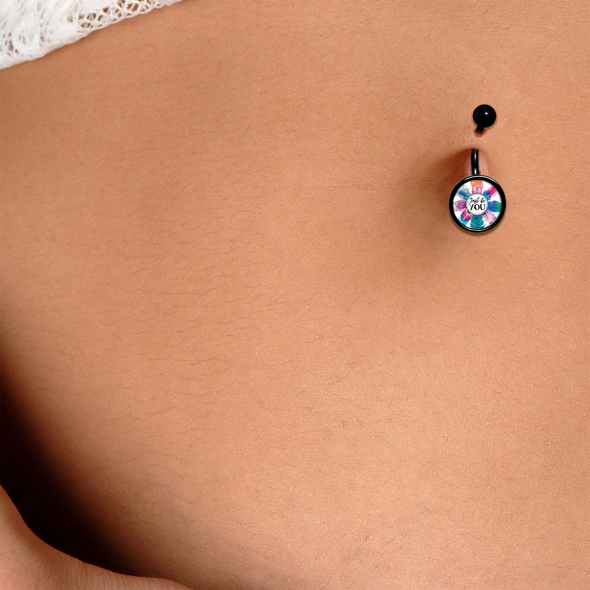 Watercolor Feathers Just Be You Black Belly Ring - Image 3