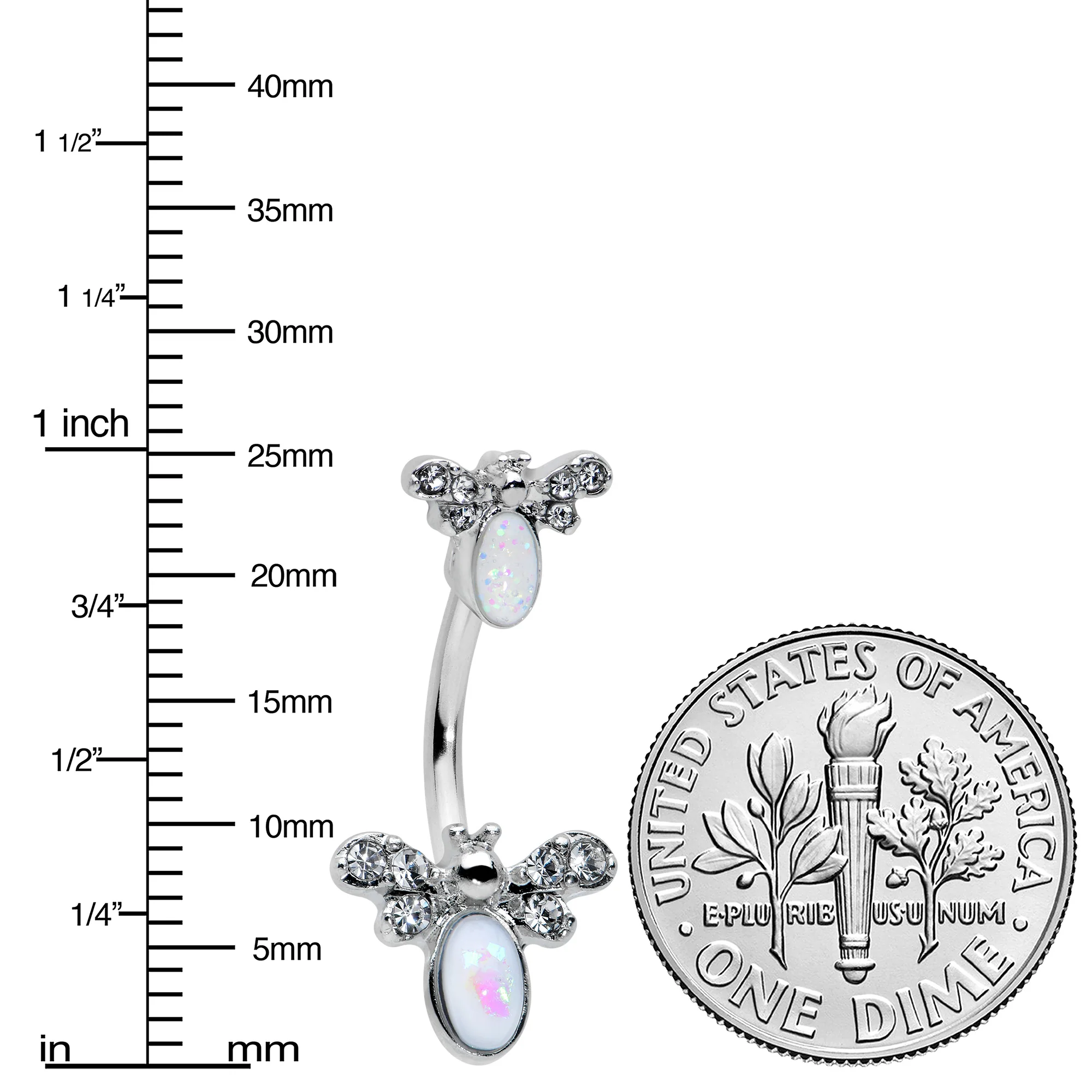 White Faux Opal Clear Gem Double Butterfly Double Mount Belly Ring - Image 3