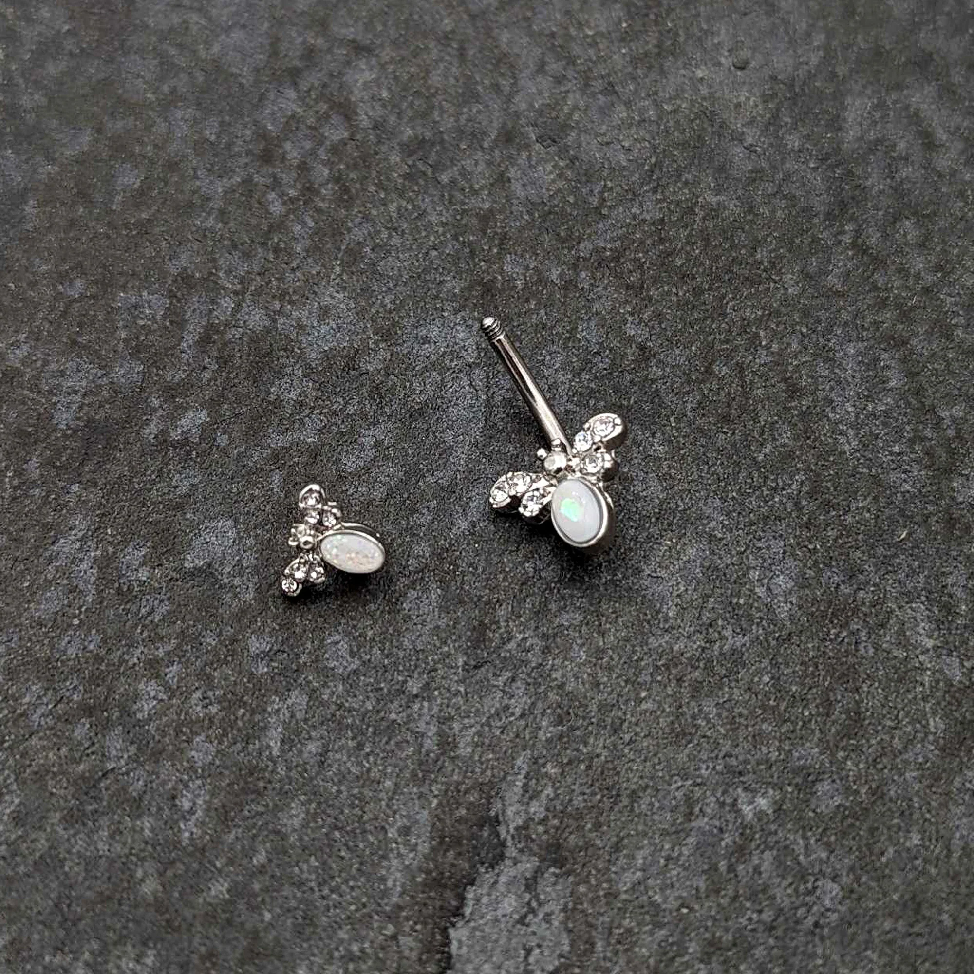 White Faux Opal Clear Gem Double Butterfly Double Mount Belly Ring - Image 5