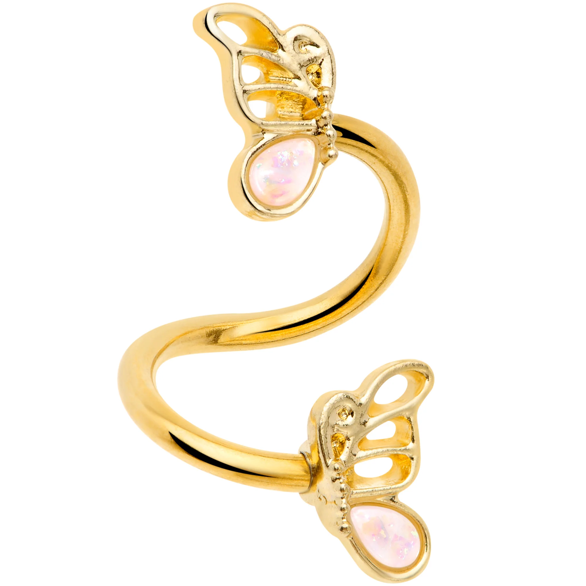 White Faux Opal Gold Tone Butterfly Spiral Twister Belly Ring - Image 2
