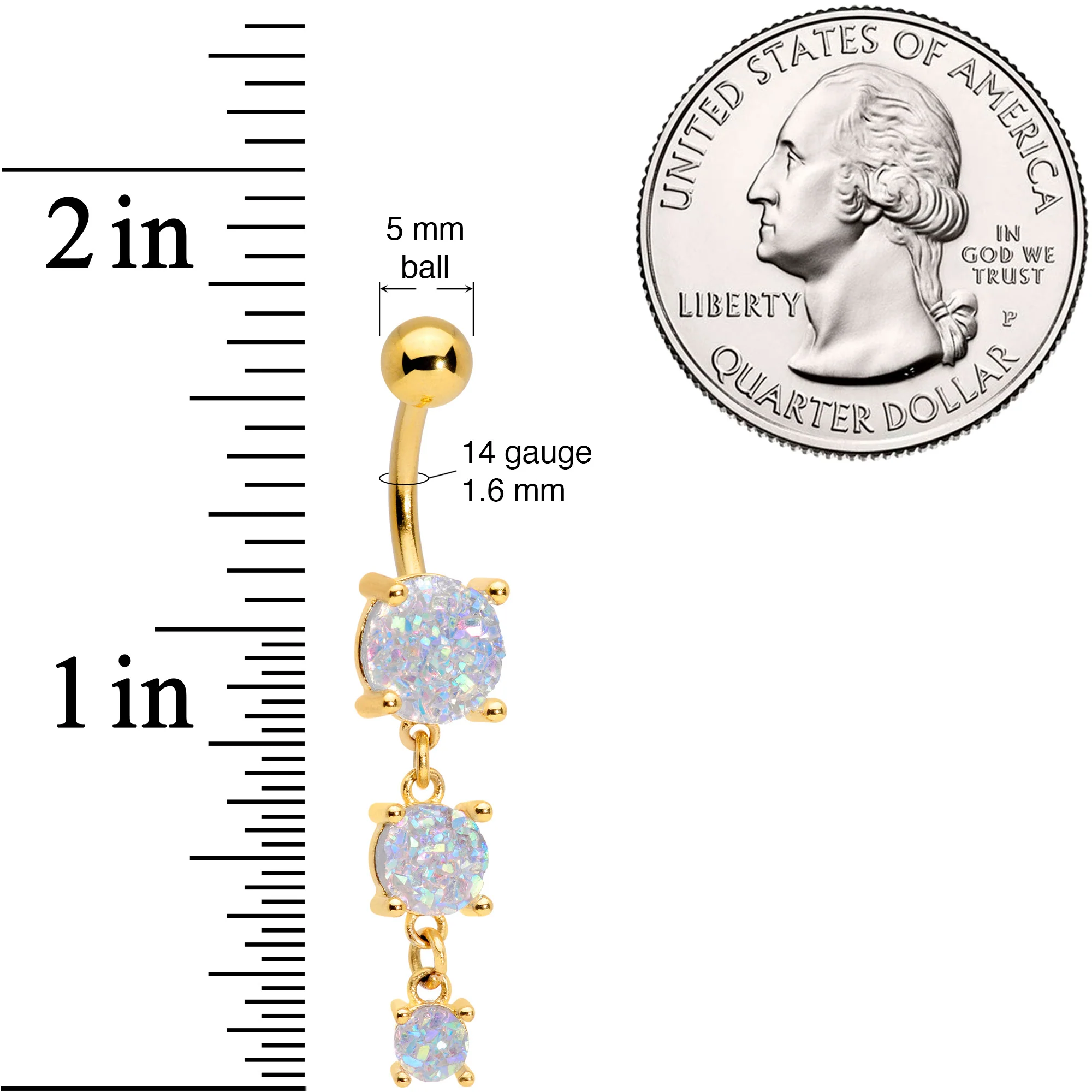 White Gem Gold Tone Triple Drop Dangle Belly Ring - Image 2