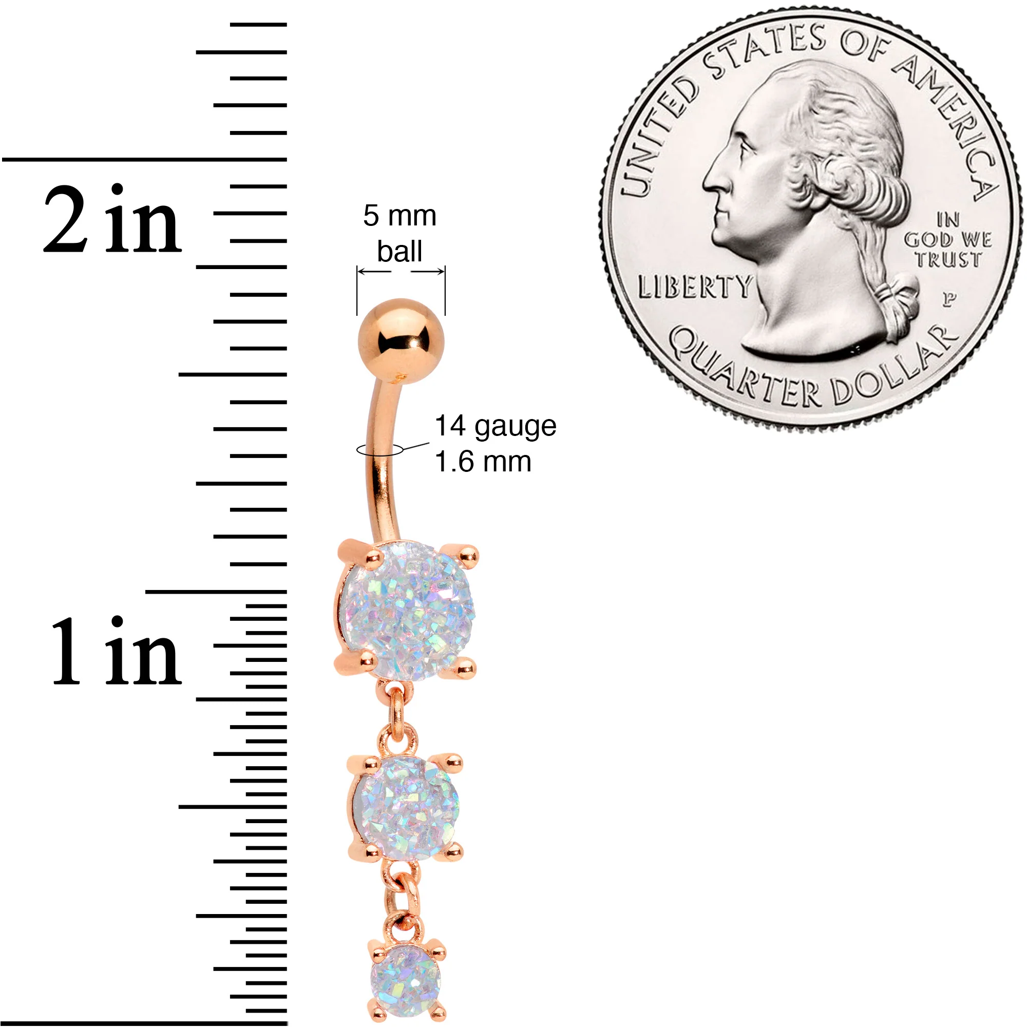 White Gem Rose Gold Tone Triple Drop Dangle Belly Ring - Image 2