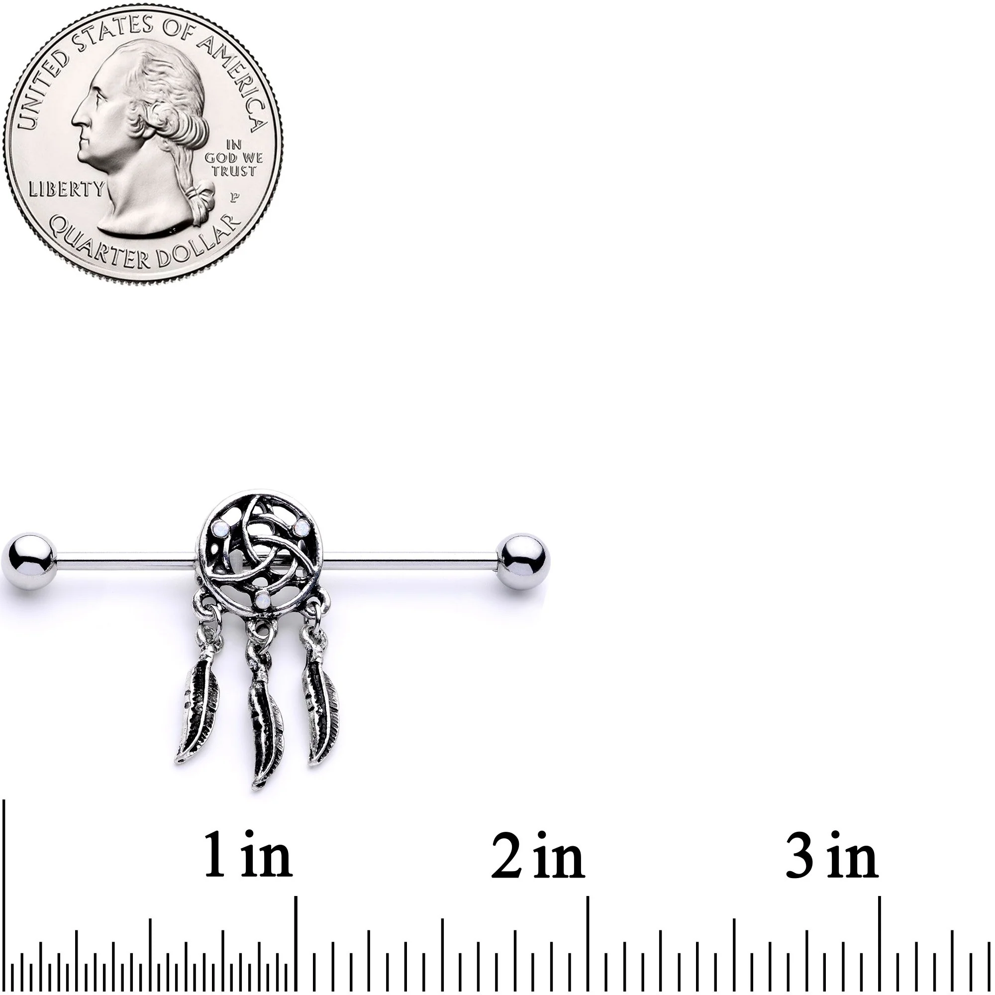 White Synthetic Opal Feather Dreamcatcher Industrial Barbell 38mm - Image 2