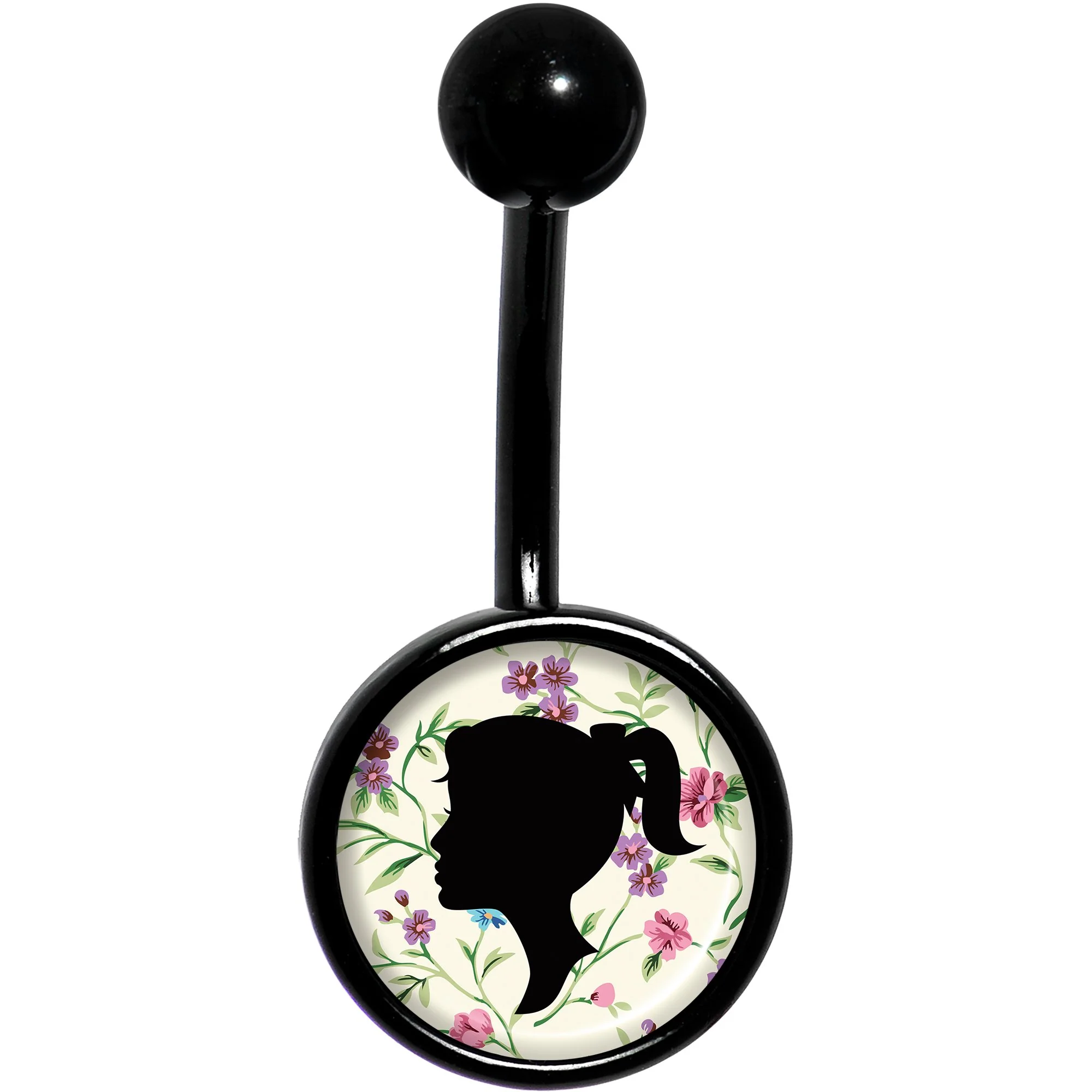 Woman Floral Silhouette Black Belly Ring - Image 2