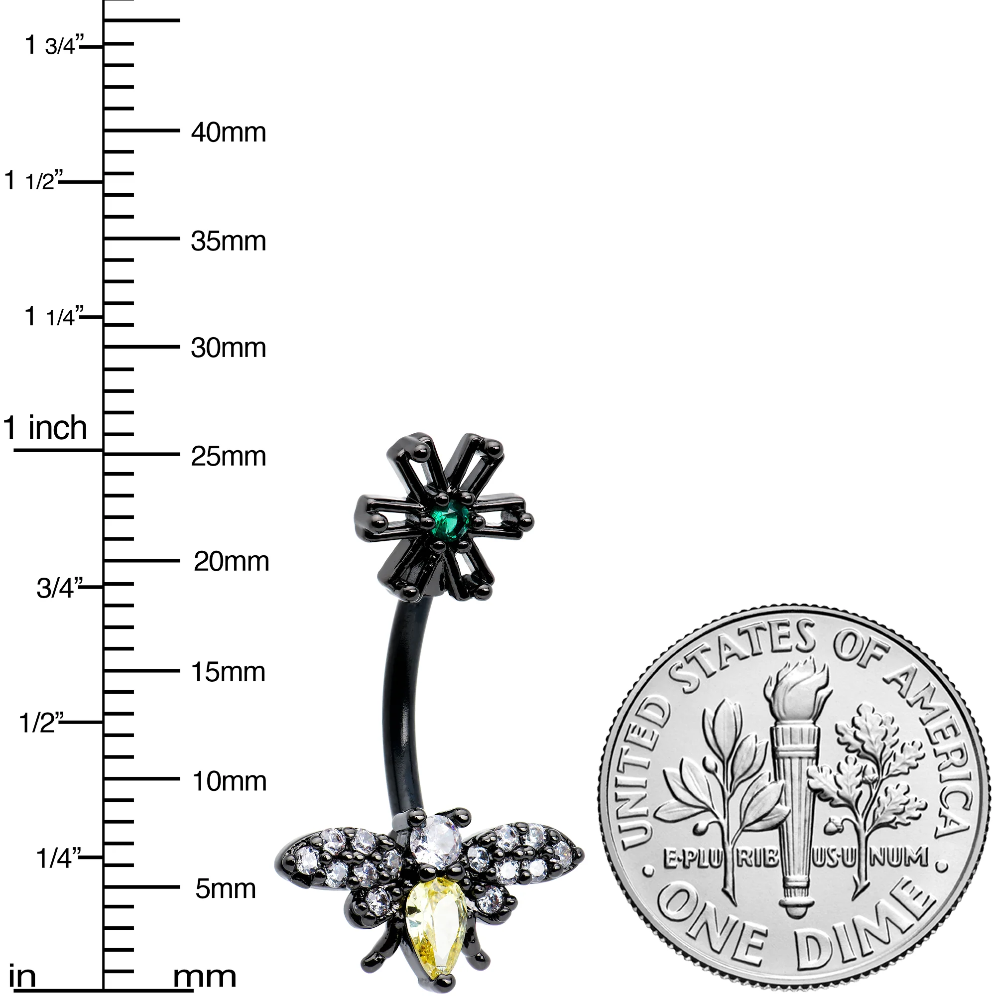 Yellow Clear Green Gem Black Butterfly Flower Double Mount Belly Ring - Image 3